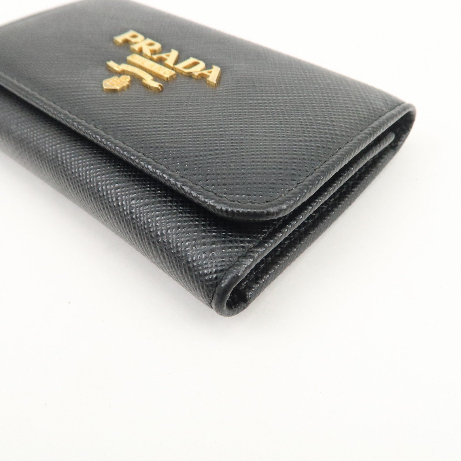 PRADA Logo Saffiano Leather Key Case Key Holder Black