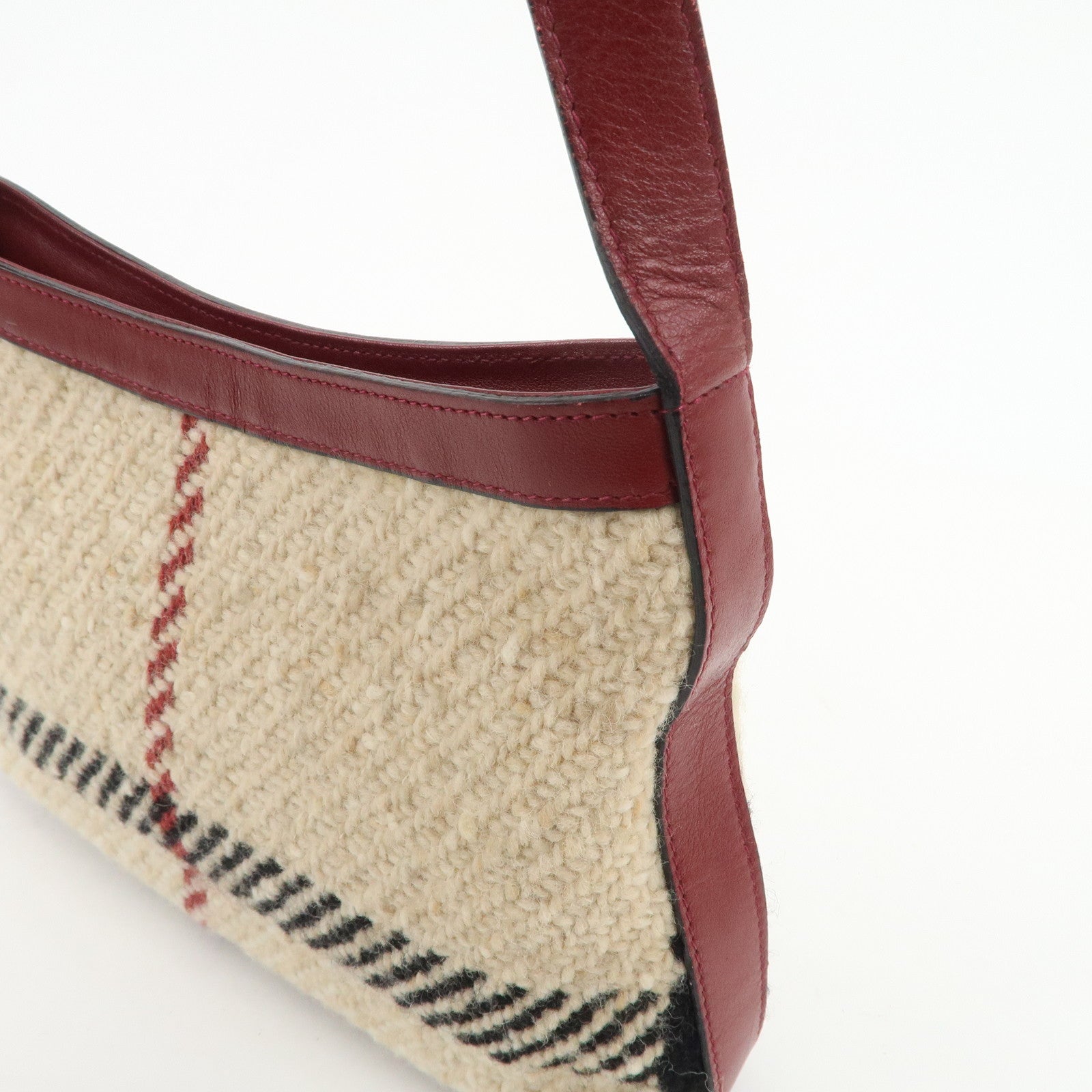 BURBERRY Wool Leather Hand Bag Plaid Wine Red Beige