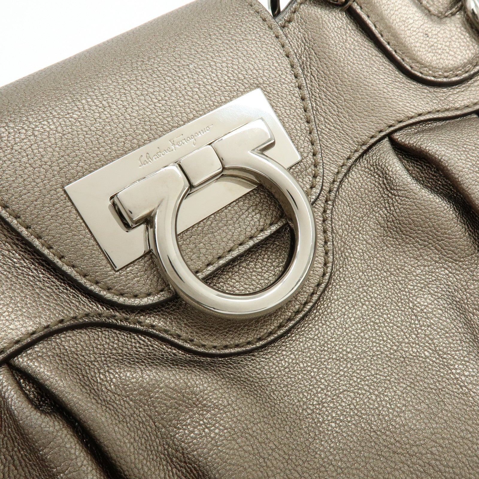 Ferragamo Gancini Leather Hand Bag Shoulder Bag Bronze