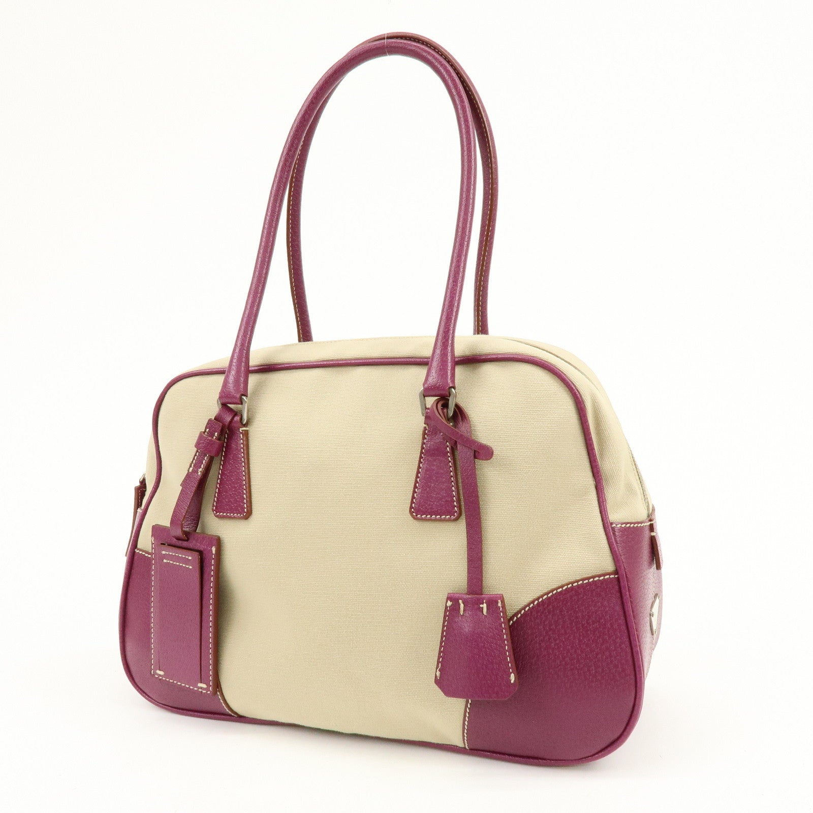 PRADA Triangle Logo Canvas Leather Bowling Bag Natural Purple