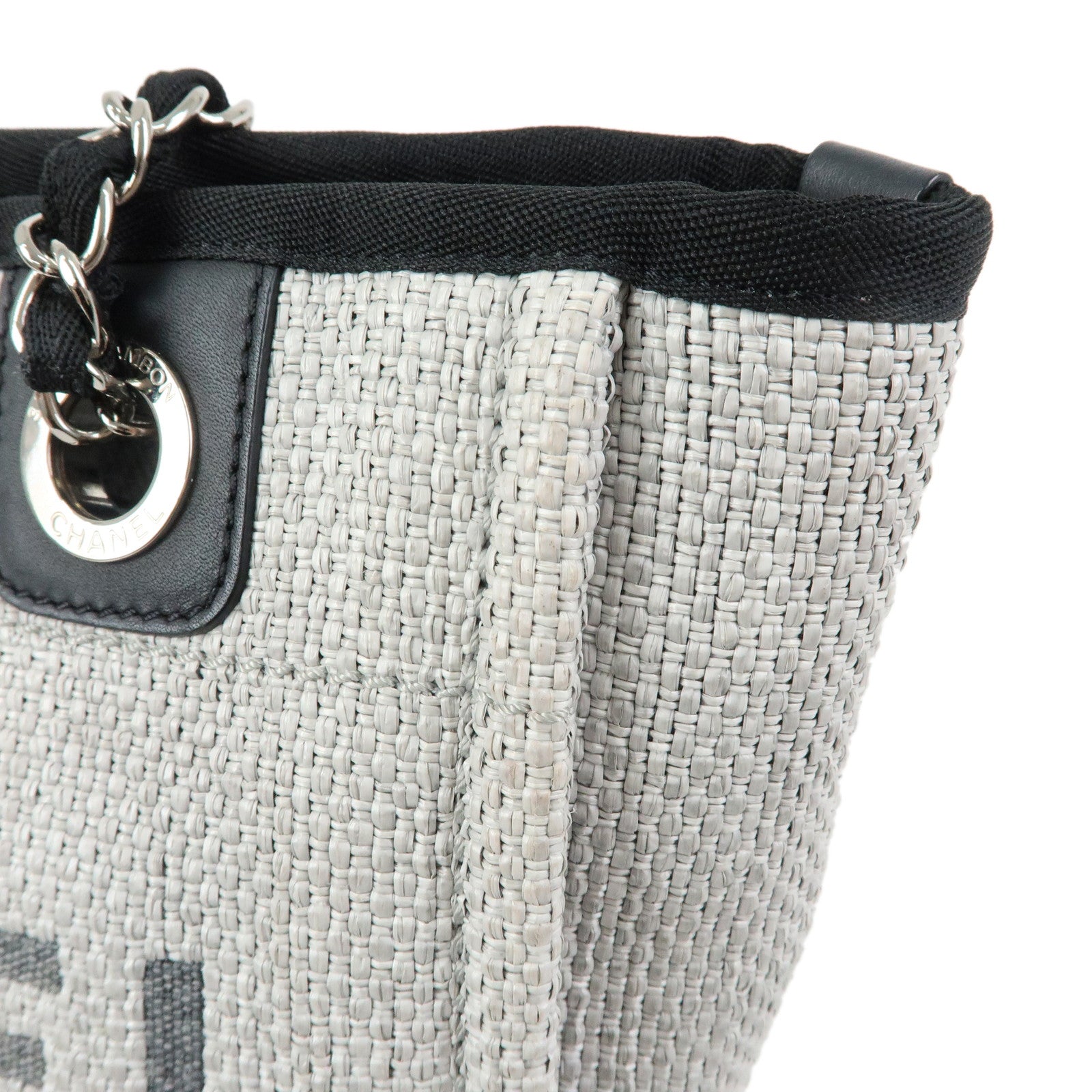 CHANEL Deauville PM Raffia Calf Leather Chain Tote Bag Black A66939