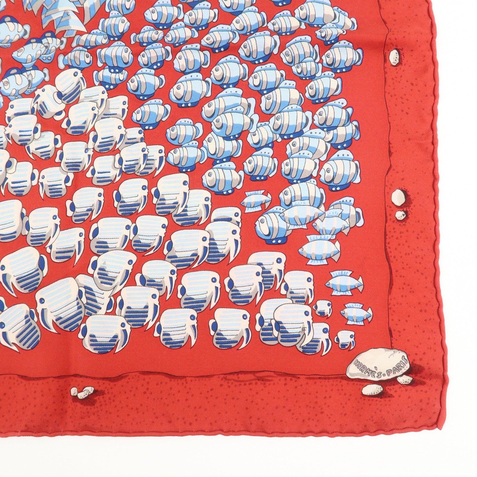 HERMES Carre 40 Silk 100% Mini Scarf Fish Print Red Blue