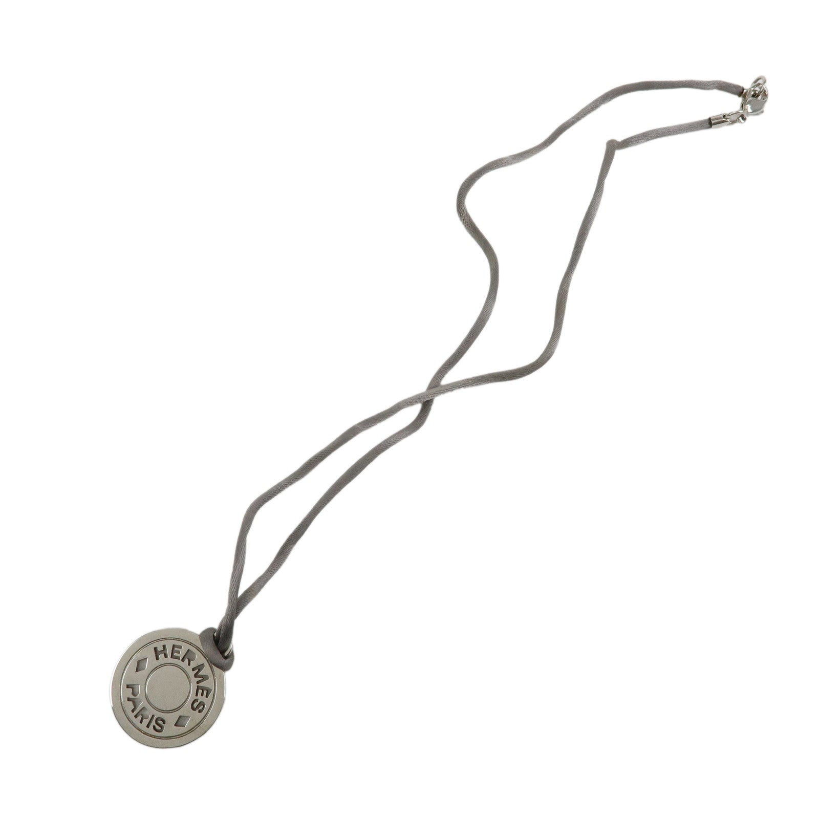 HERMES Serie Silk Cord Metal Necklace Pendant Silver Gray