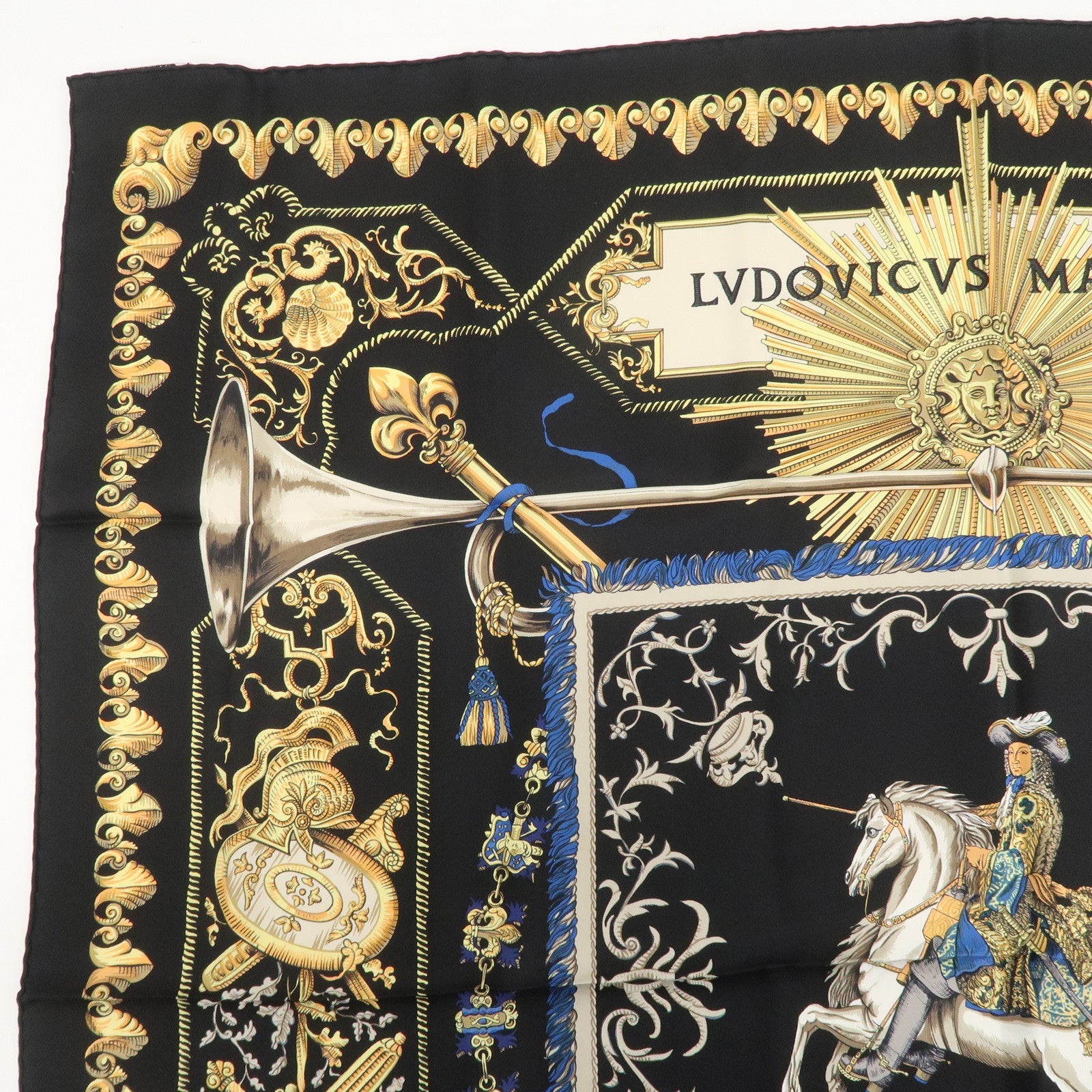 HERMES Carre 90 Silk 100% Scarf LVDOVICVS MAGNVS Black Yellow