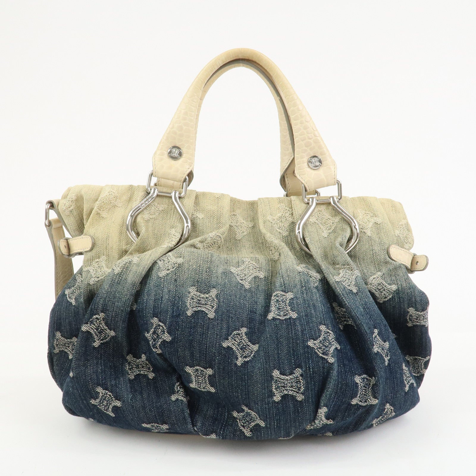 CELINE Macadam Denim Embossed Leather 2WAY Bag Hand Bag Blue Ivory