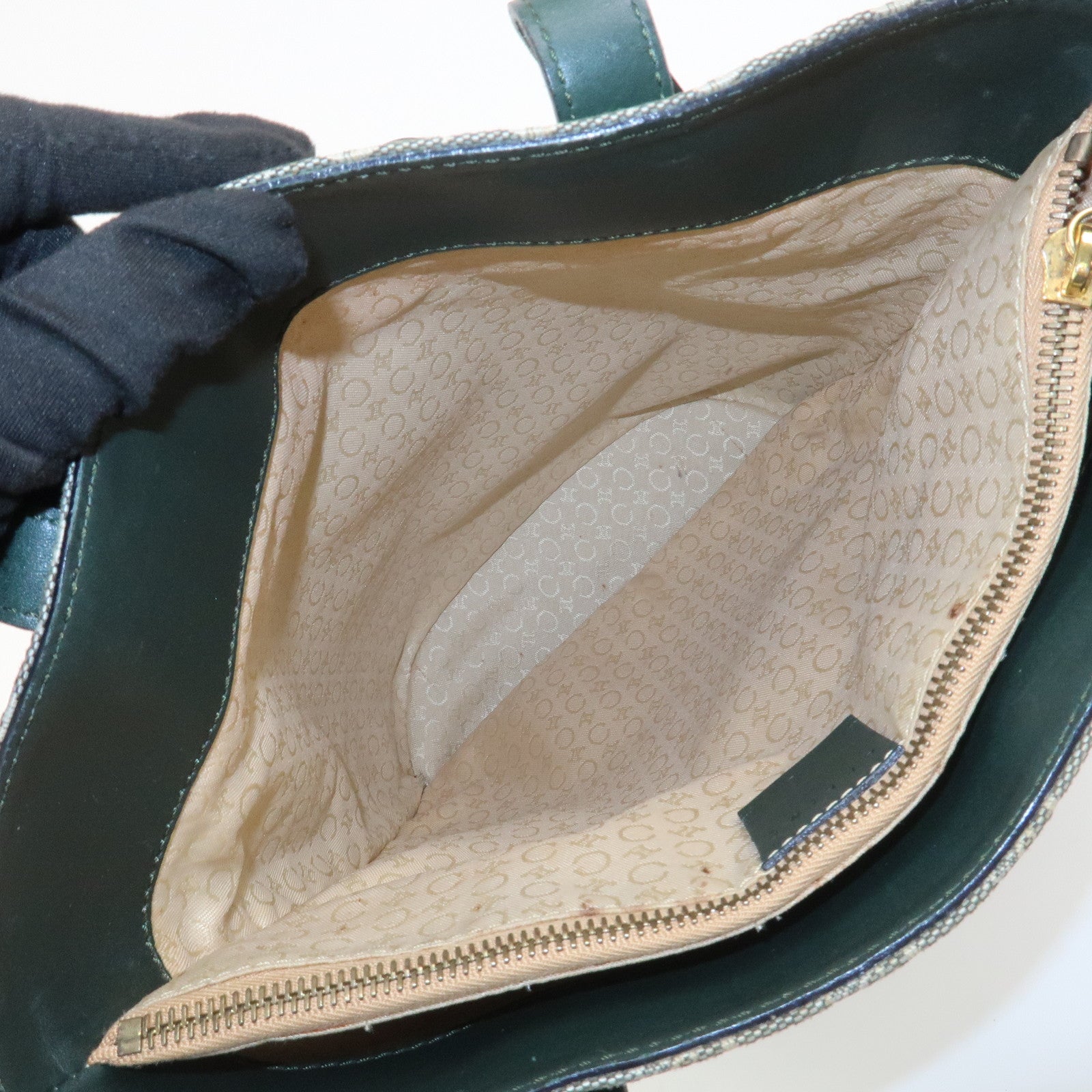 CELINE C Macadam Canvas Leather Tote Bag Shoulder Bag Dark Green