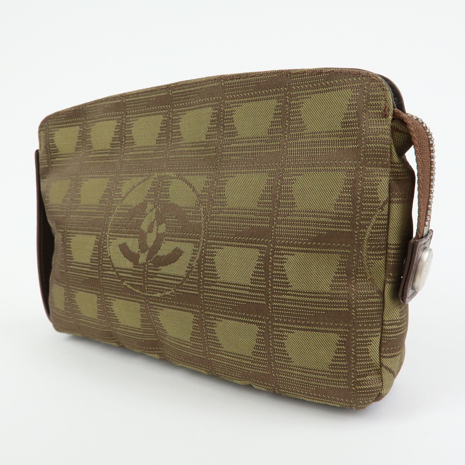 CHANEL New Travel Line Nylon Jacquard Leather Cosmetic Pouch Khaki