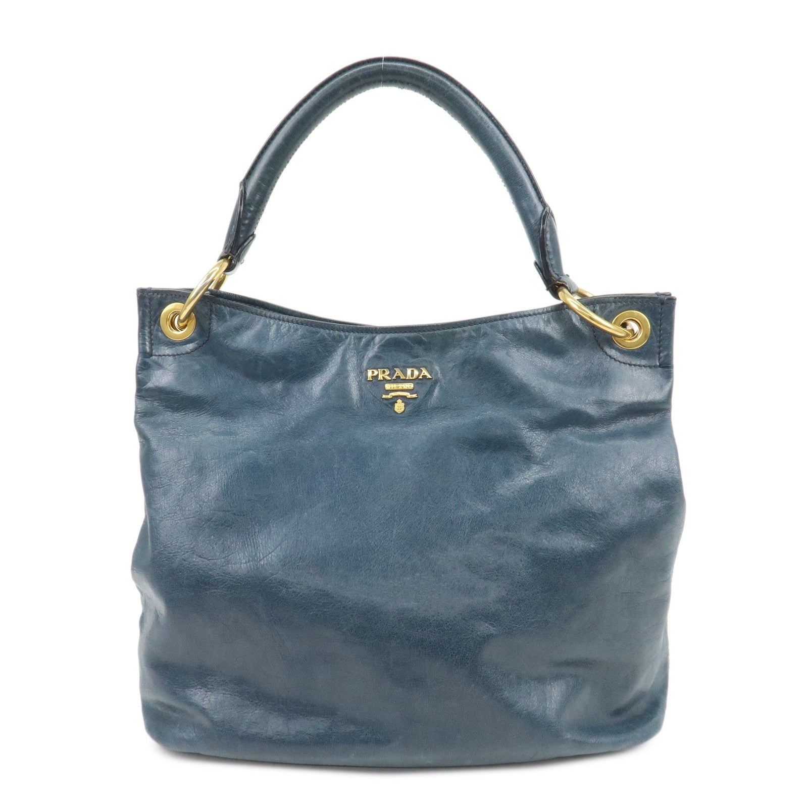 PRADA Logo Leather Shoulder Bag Hand Bag Blue