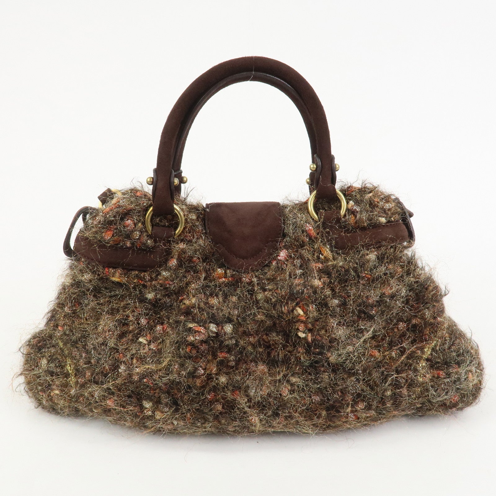 Ferragamo Gancini Wool Suede 2Way Bag Hand Bag Shoulder Bag Brown