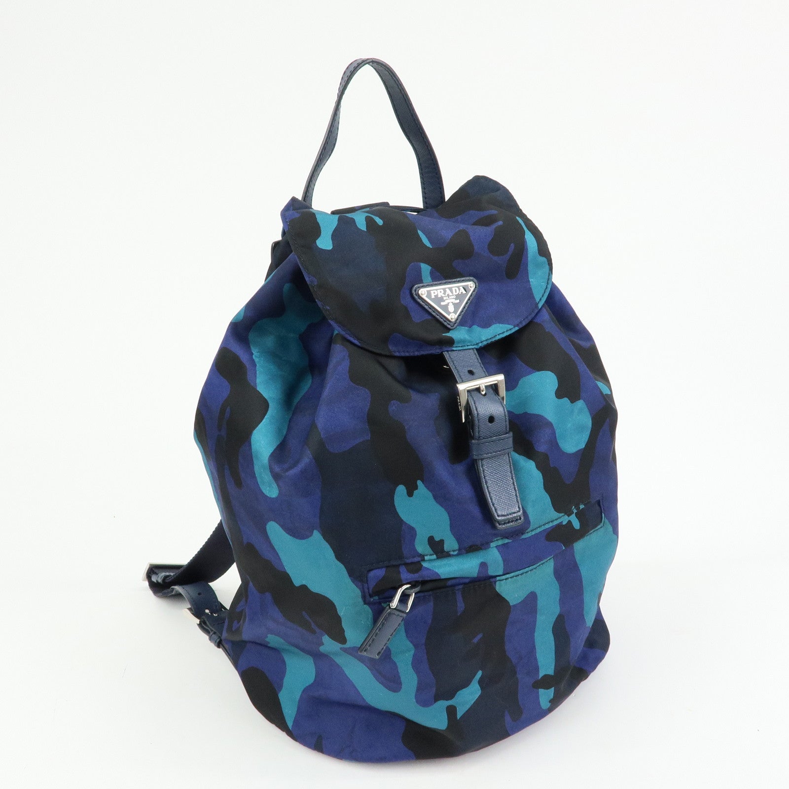 PRADA Triangle Logo Nylon Leather Backpack Camouflage Motif Blue