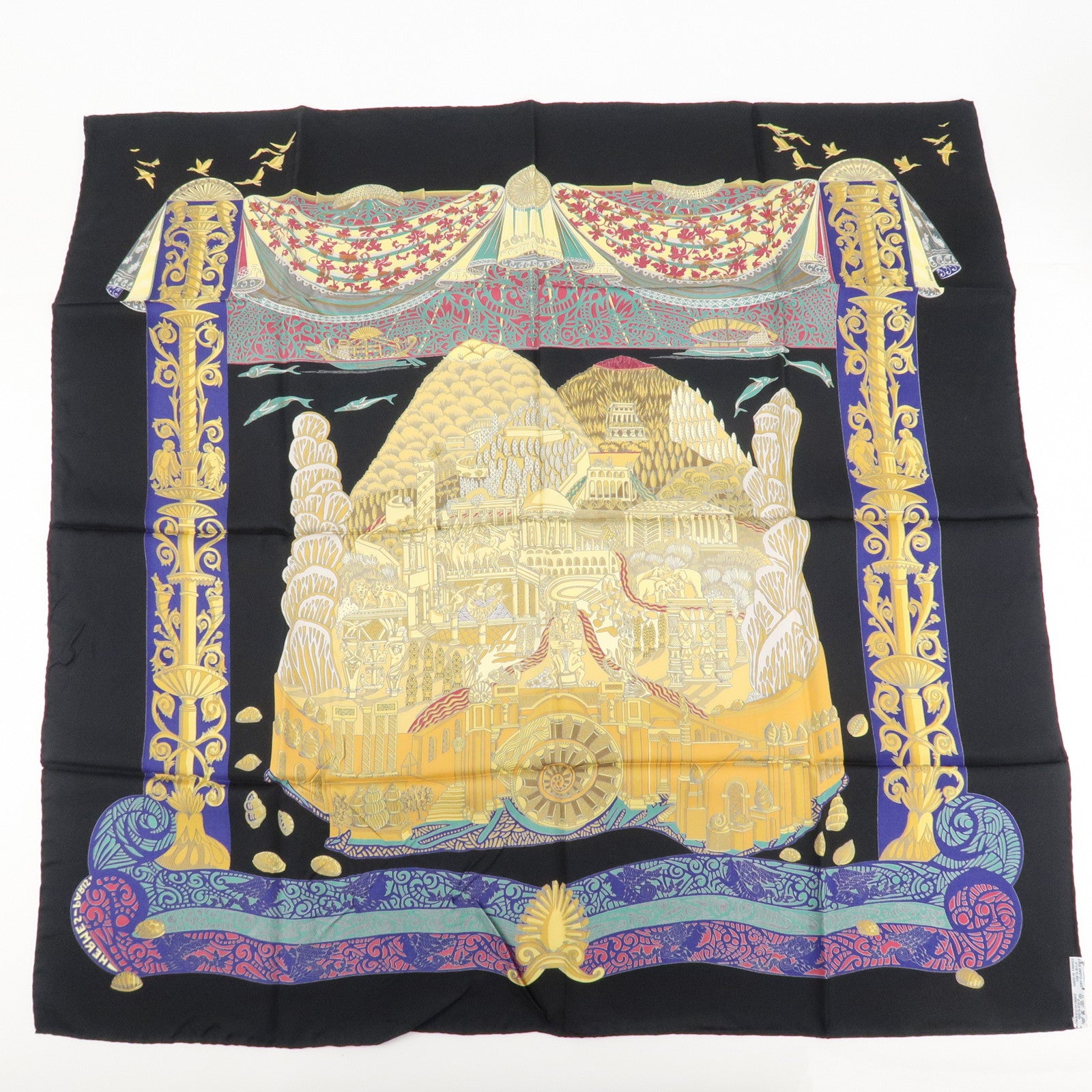 HERMES Carre 90 Silk 100% Scarf Black Yellow Used