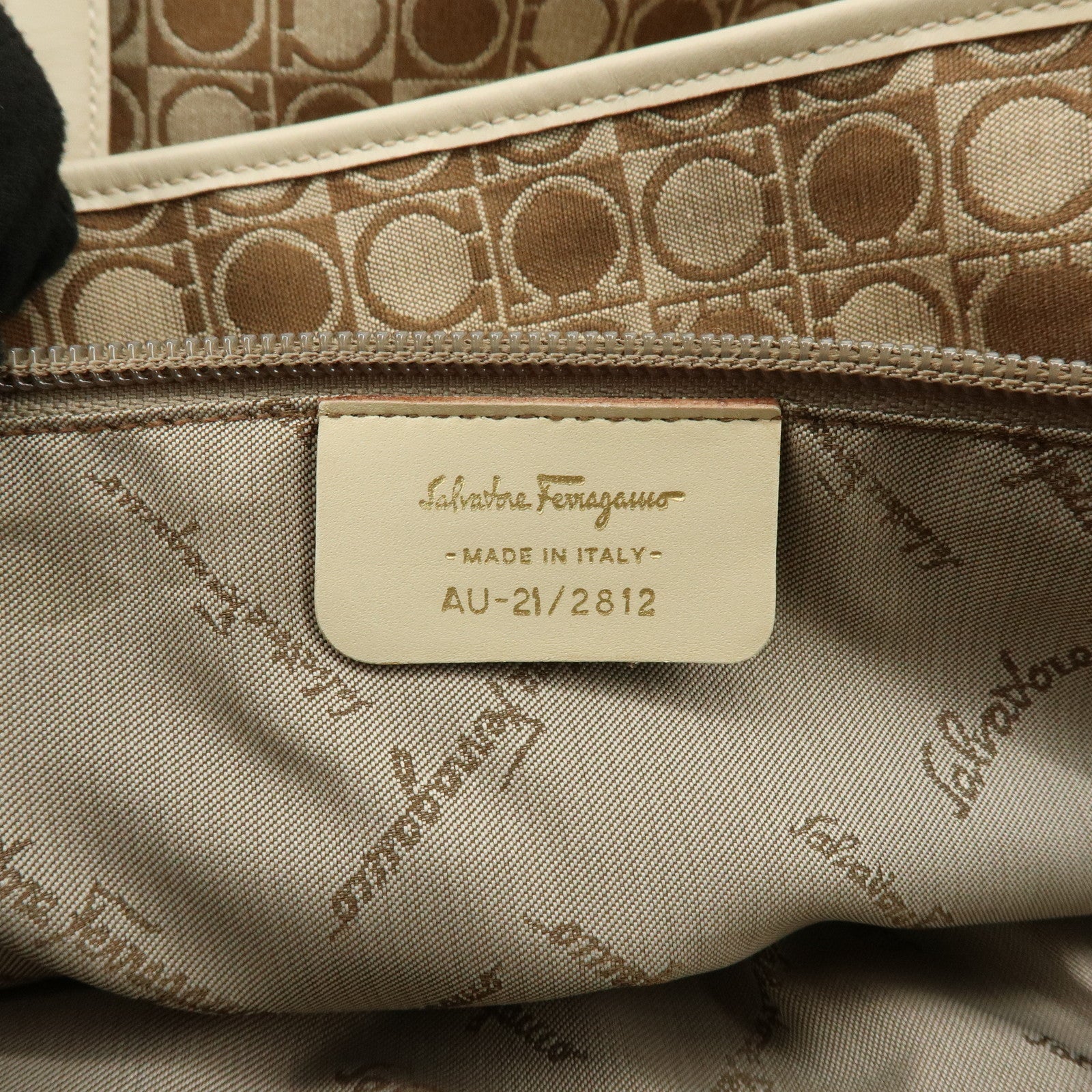 Ferragamo Gancini Canvas Leather Tote Bag Hand Bag Brown Beige
