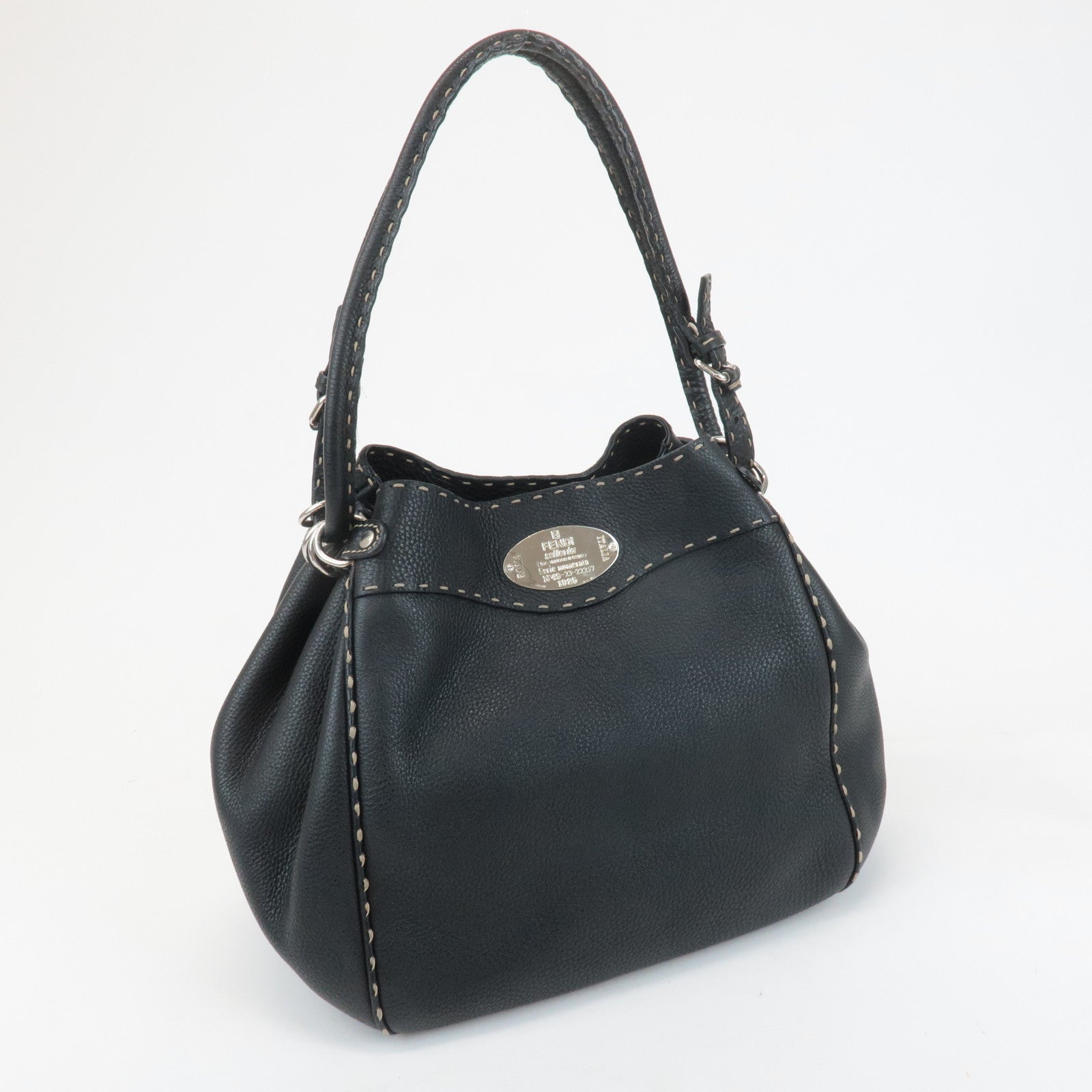 FENDI Selleria Leather Tote Bag Shoulder Bag Black 8BR489 Used