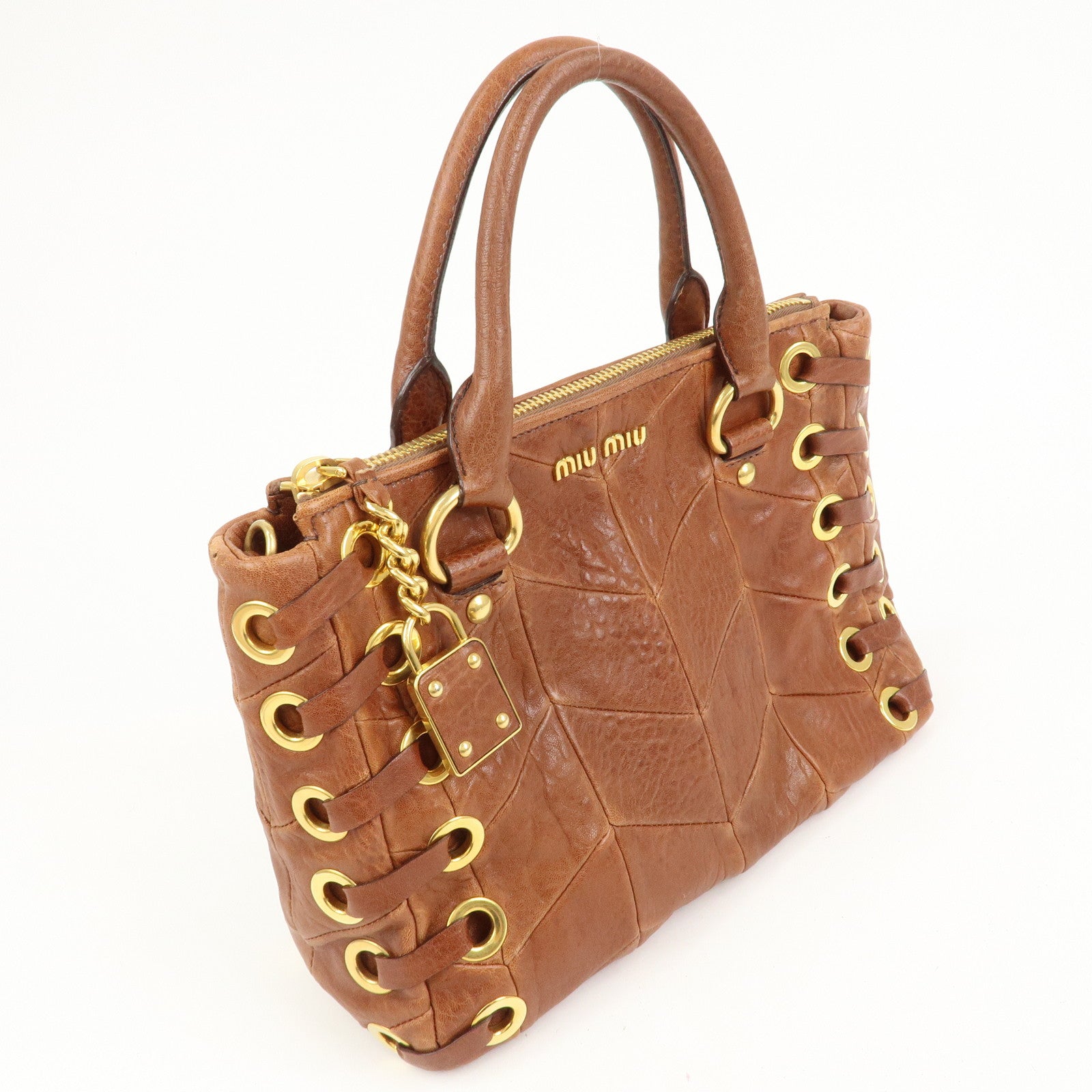 MIU MIU Logo Leather 2Way Bag Hand Bag Shoulder Bag Brown