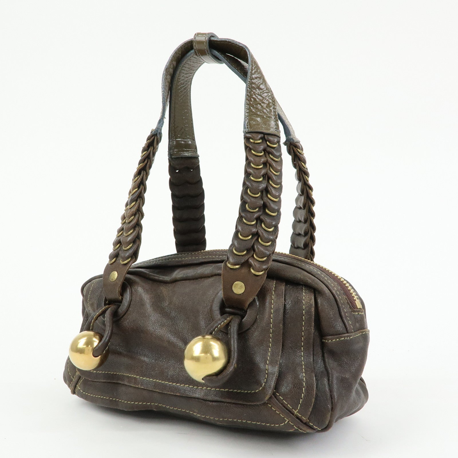 Chloe Leather Shoulder Bag Mini Boston Bag Brown