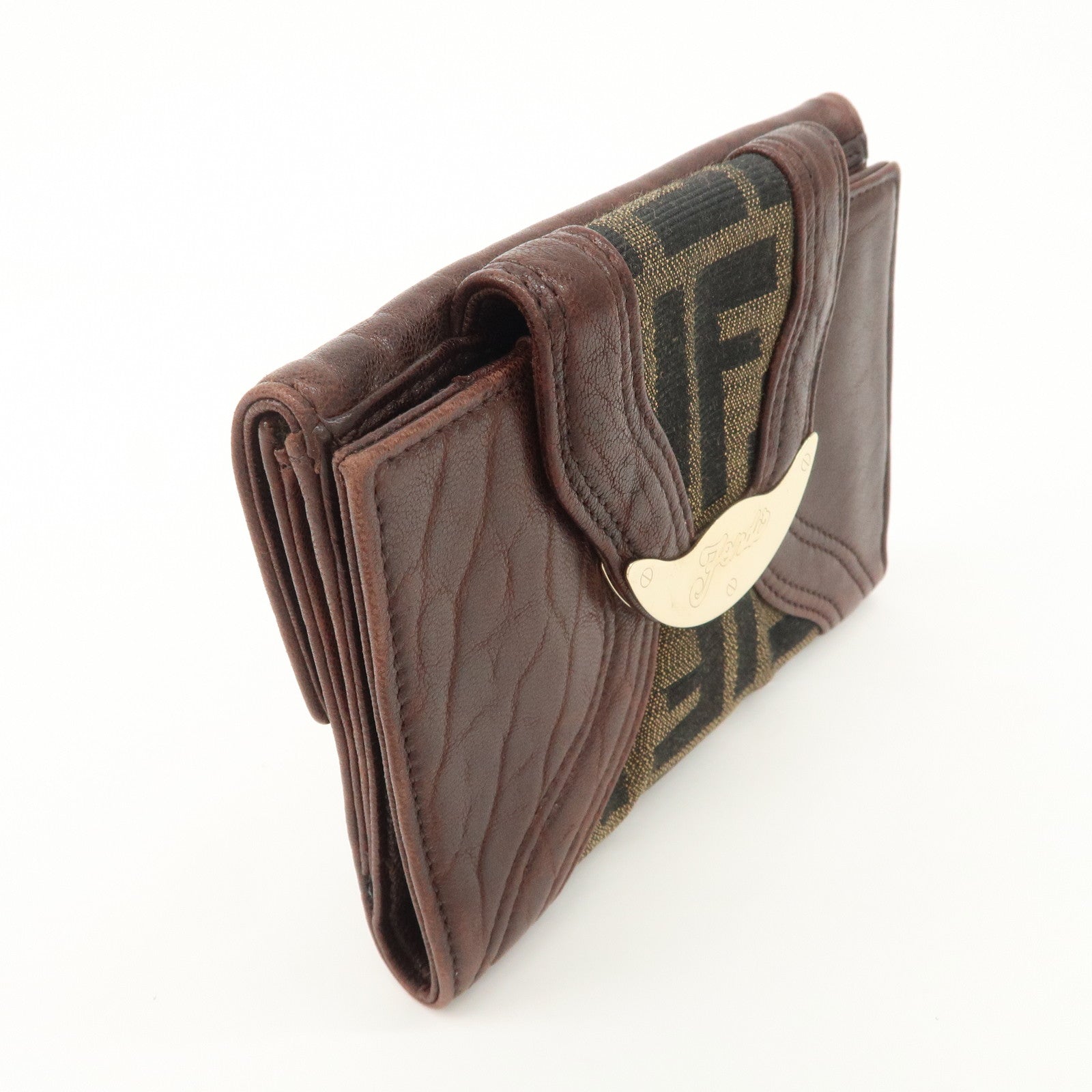 FENDI Zucca Leather Canvas W Hook Bi-fold Wallet  Dark Brown 8M0160 Used