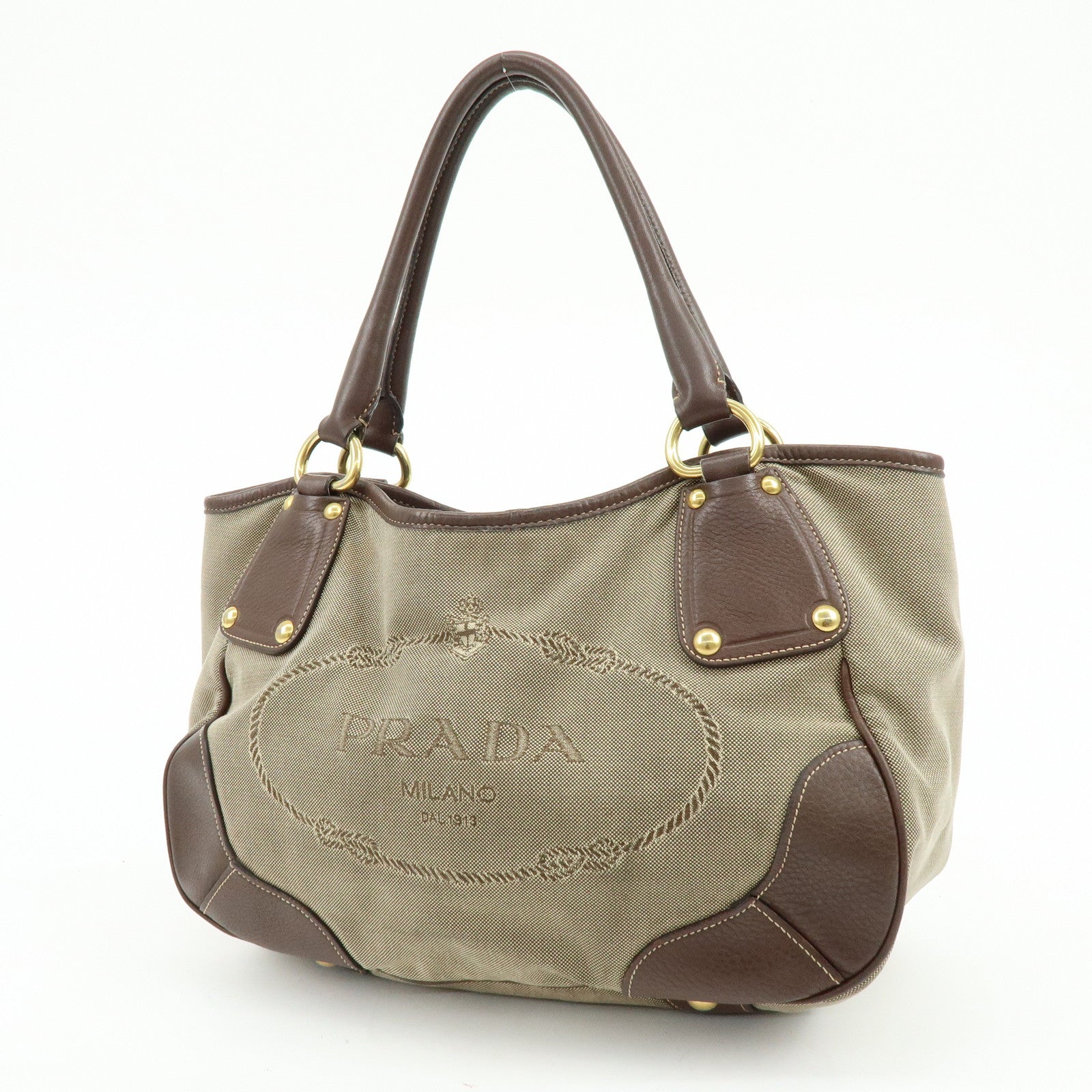 PRADA Logo Jacquard Leather Tote Bag Hand Bag Beige Brown