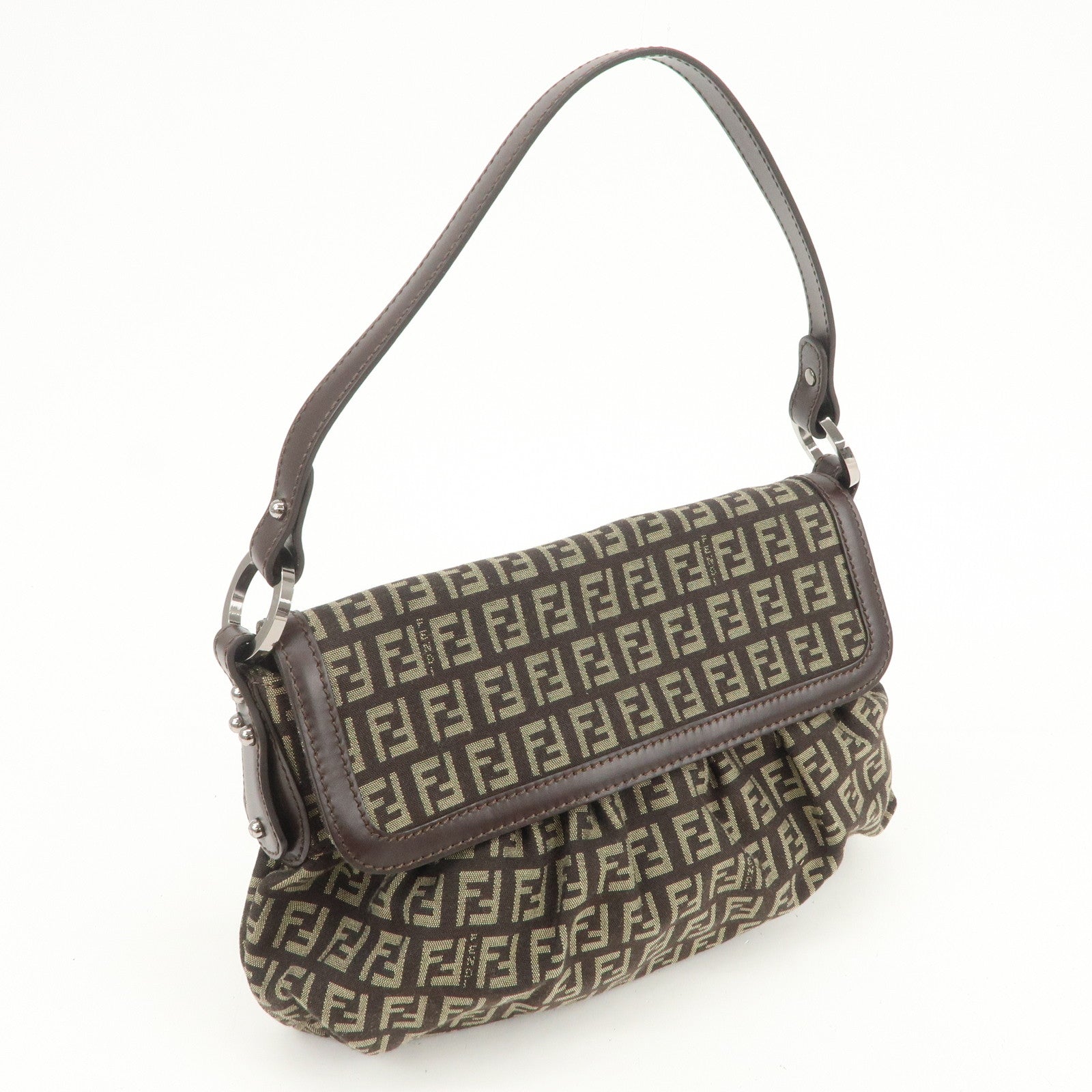 FENDI Zucchino Shoulder Bag Hand Bag Brown Silver 8BR353