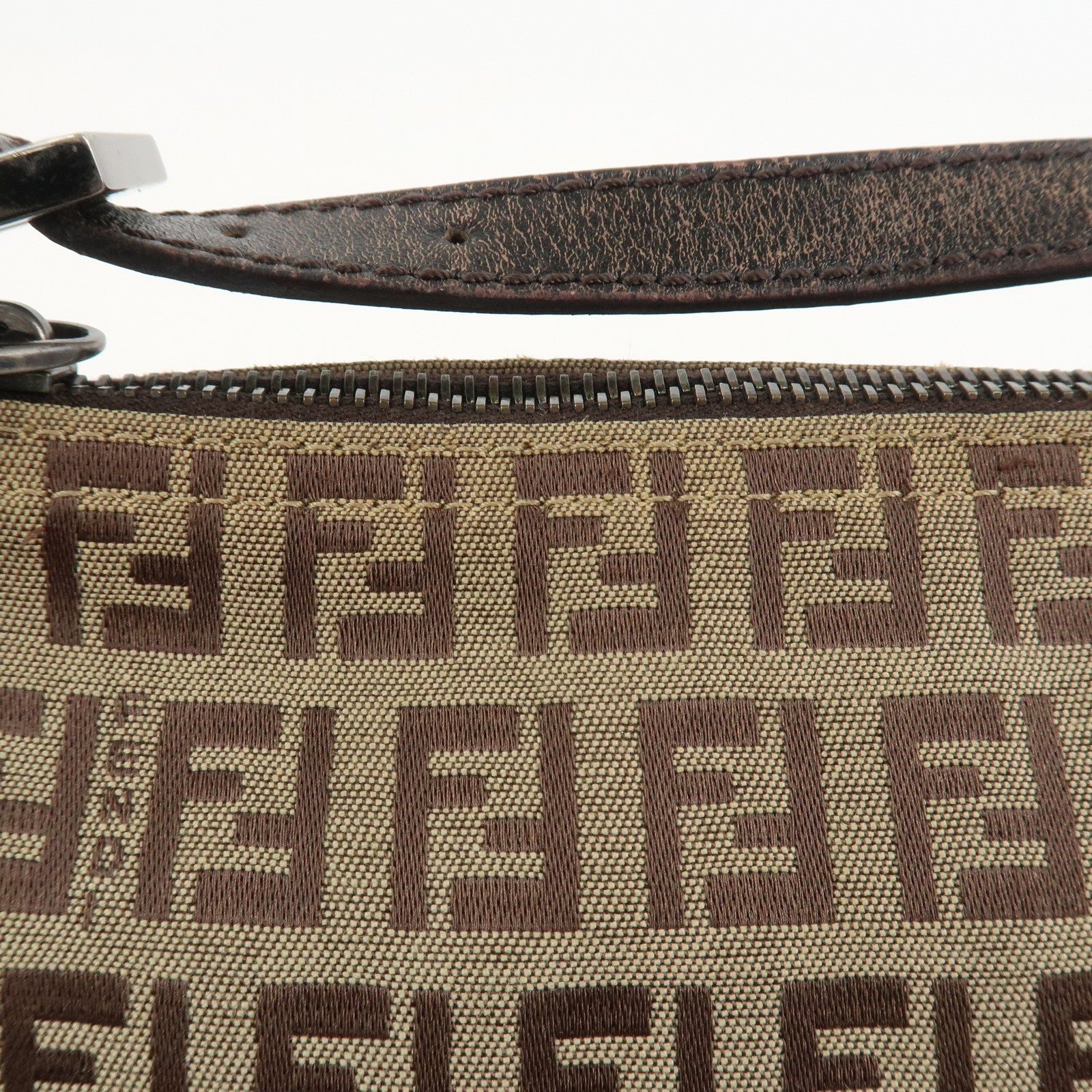 FENDI Zucchino Canvas Leather Hand Bag Pouch Bag Brown 8N0001