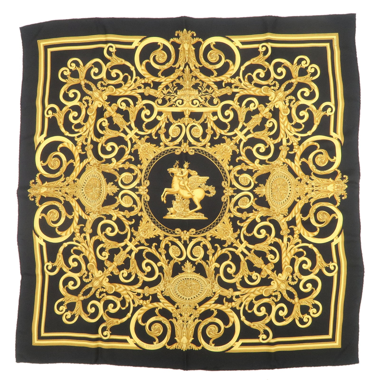 HERMES Carre 90 Silk 100% LES TUILERIES Scarf Black Gold