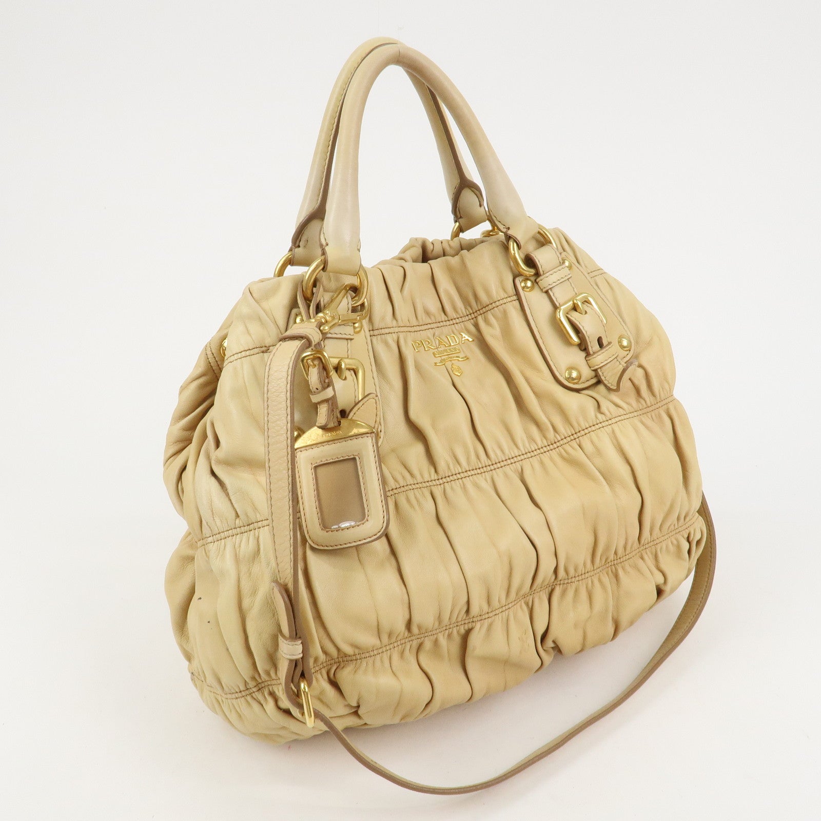 PRADA Nappa Gaufre Leather Gathered 2Way Bag Hand Bag Beige BN1336