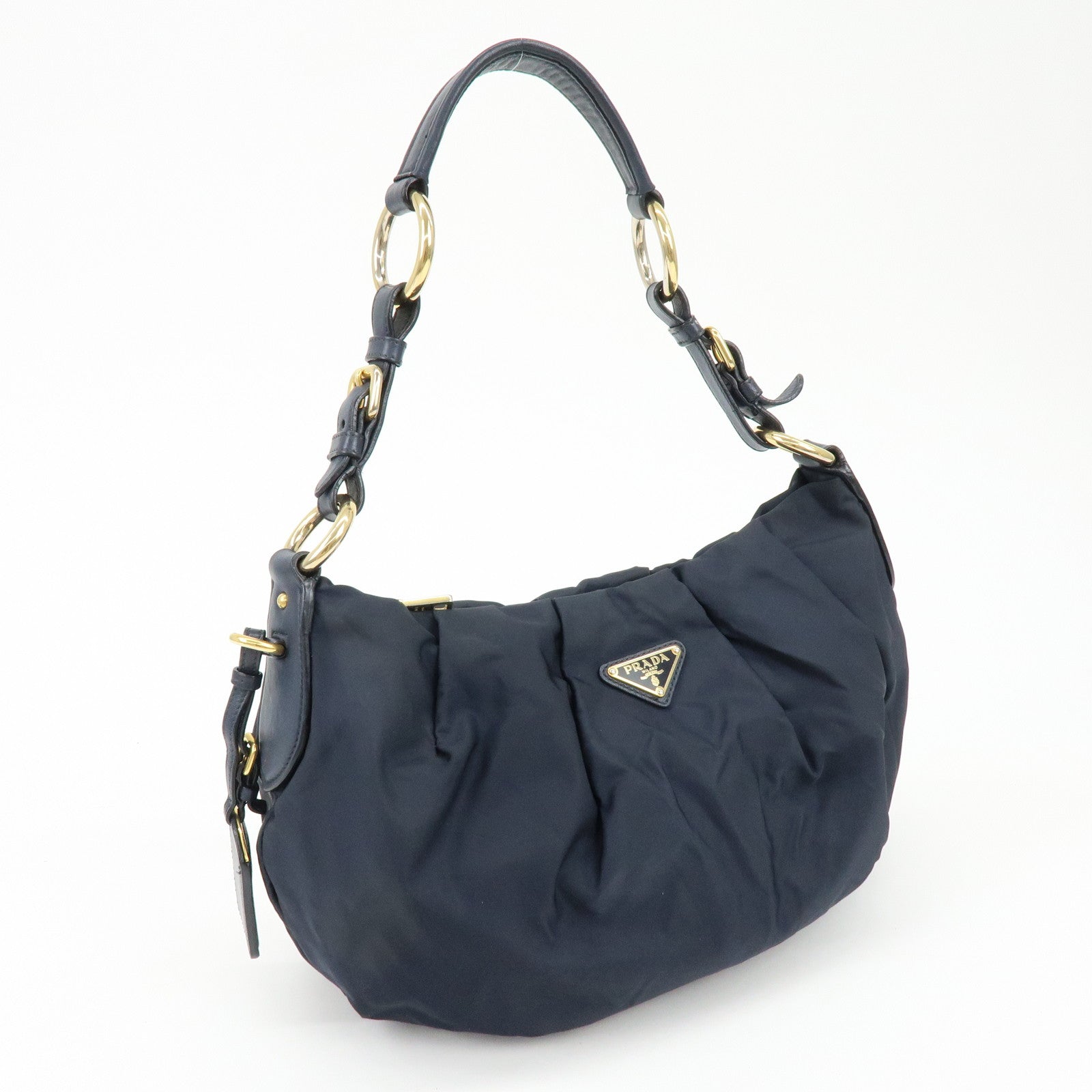 PRADA Triangle Logo Nylon Leather Shoulder Bag Hand Bag Navy