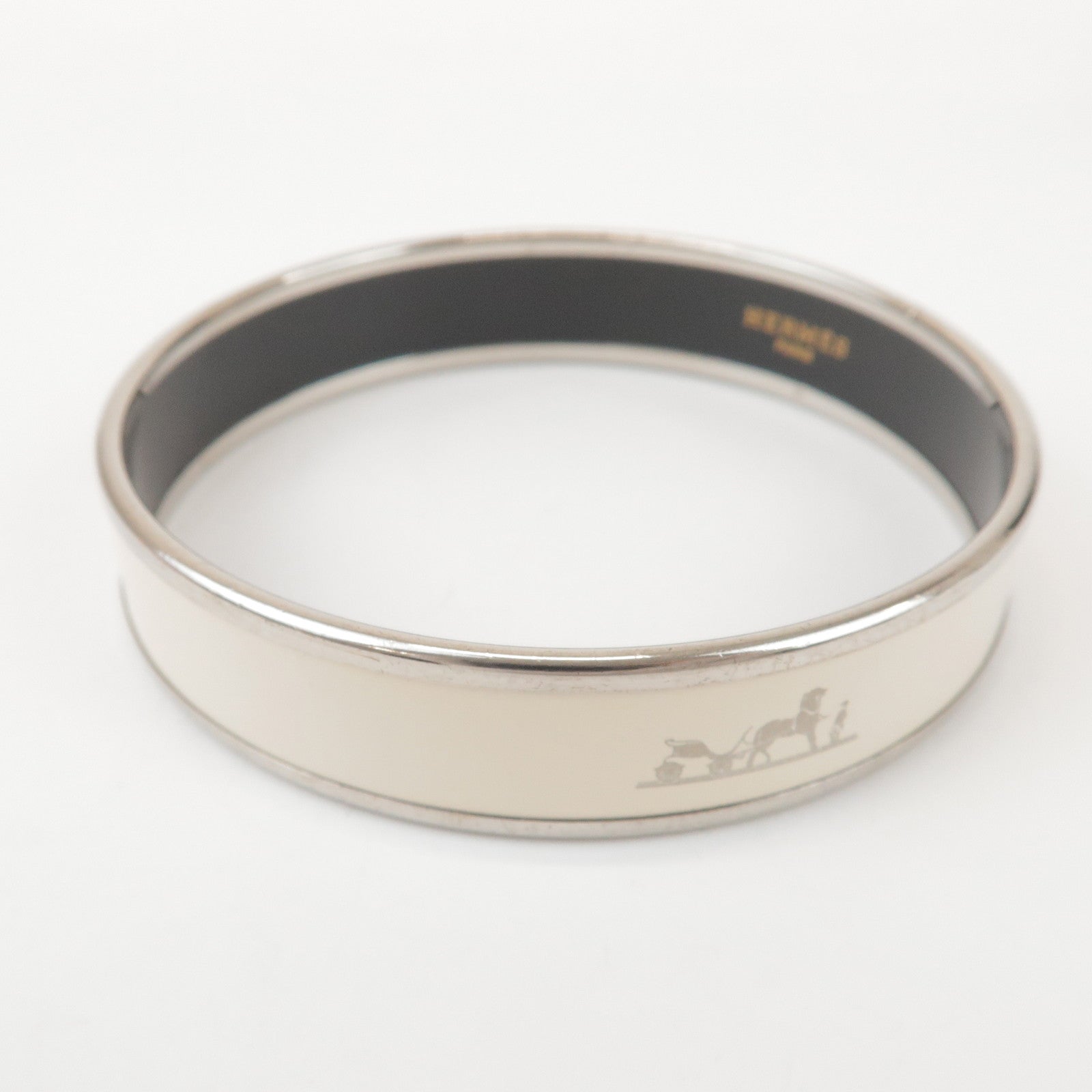 HERMES Email MM Bangle Plated Bracelet Ivory Silver