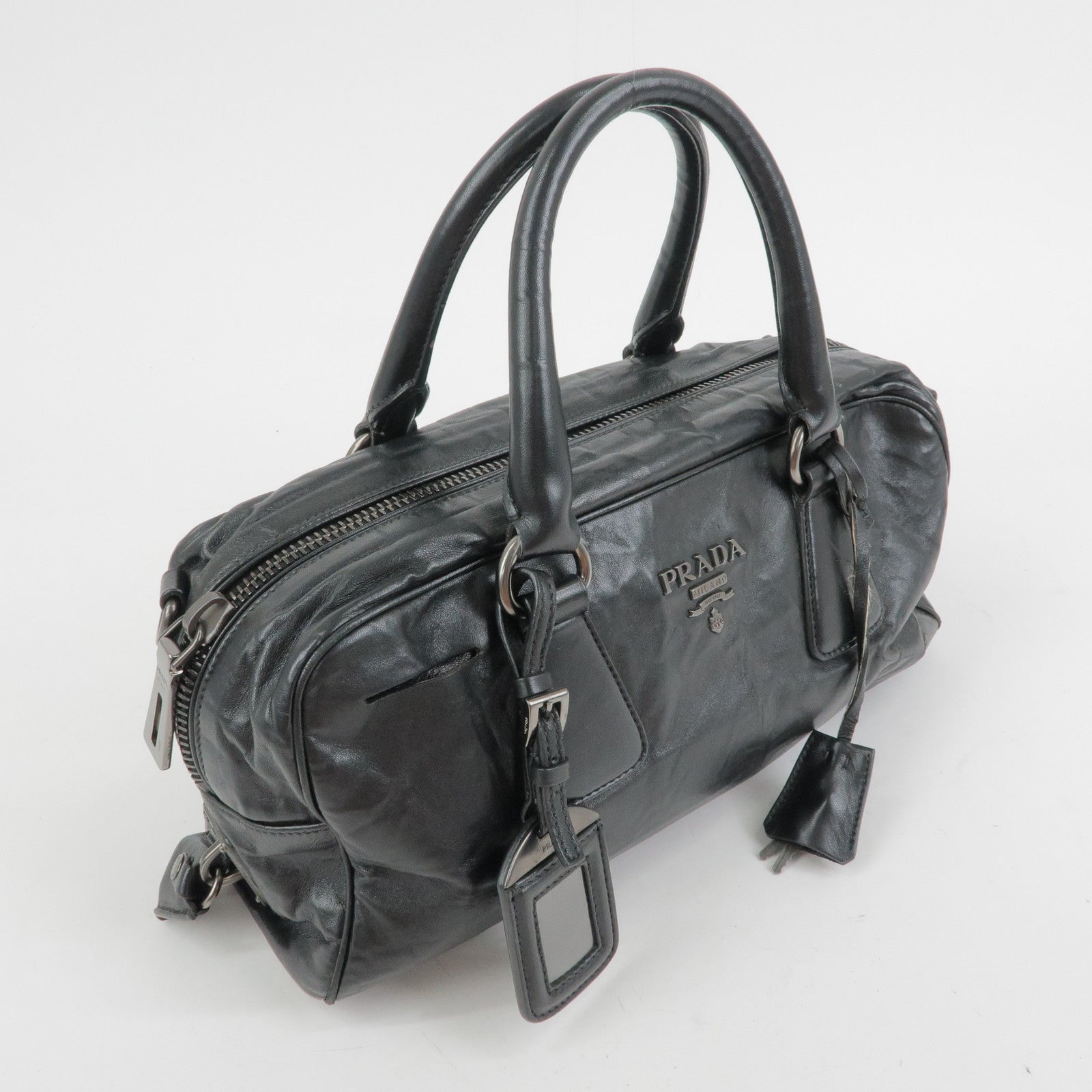 PRADA Leather Boston Bag Hand Bag Black BL0758