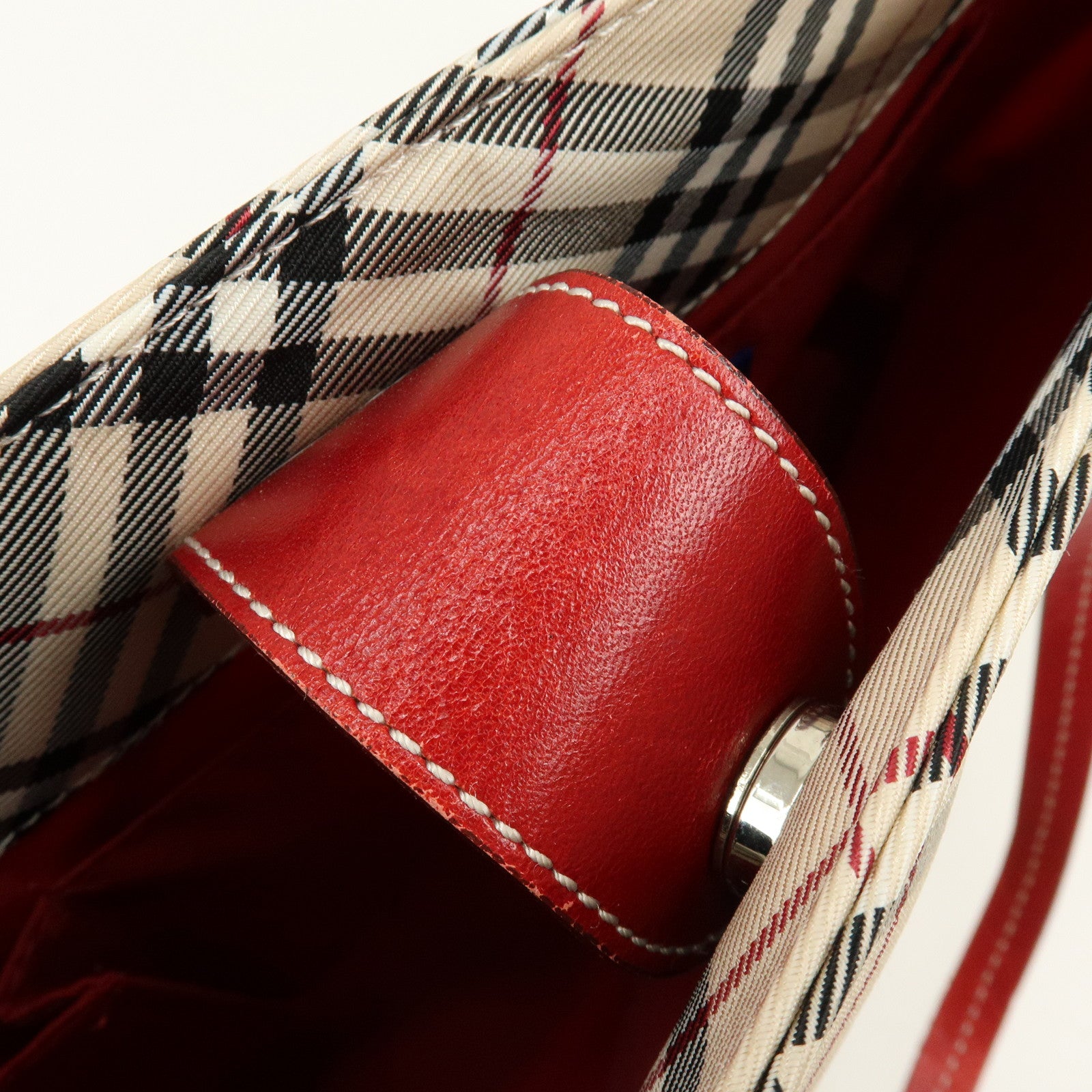 BURBERRY Blue Label Nova Plaid Nylon Leather Tote Bag Beige Red