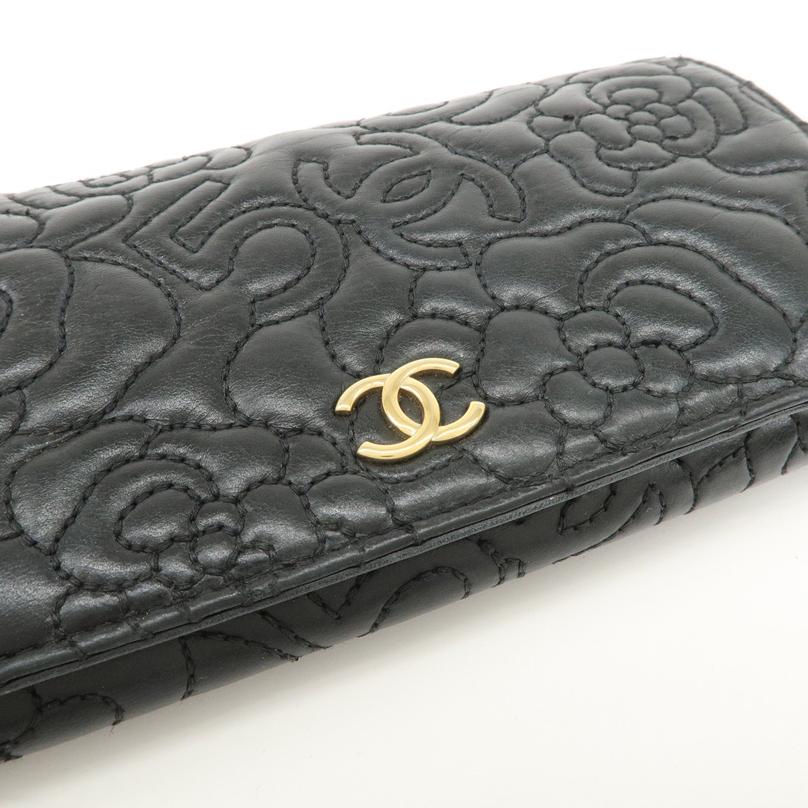 CHANEL Camelia No.5 COCO Mark Lamb Skin Bi-fold Long Wallet A70619 Used