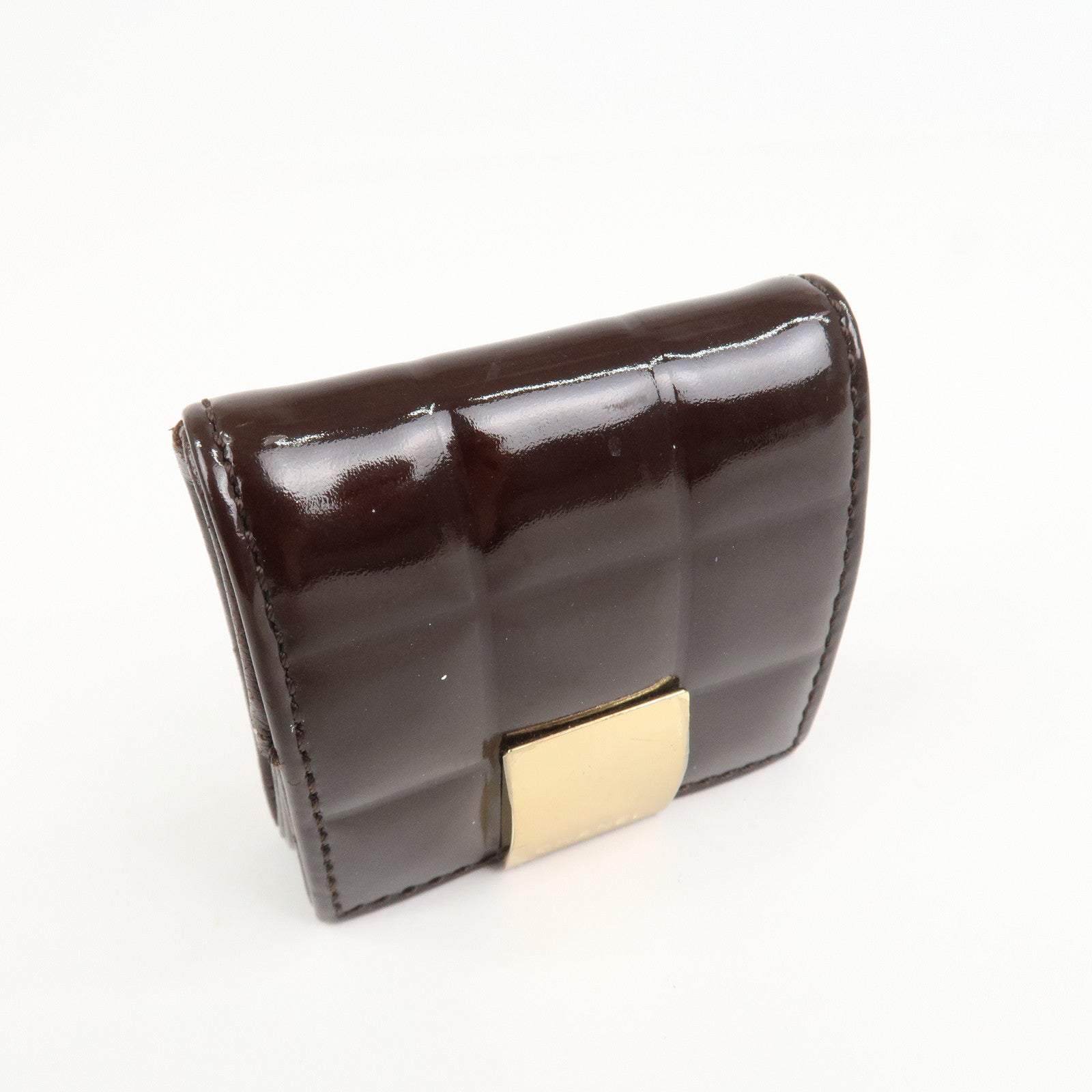 CHANEL Chocolate Bar Patent Leather Coin Case Coin Purse Brown
