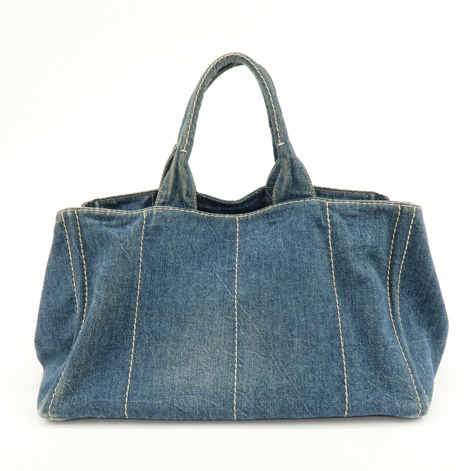 PRADA Logo Canapa Canvas Denim Large Tote Hand Bag Blue BN1872