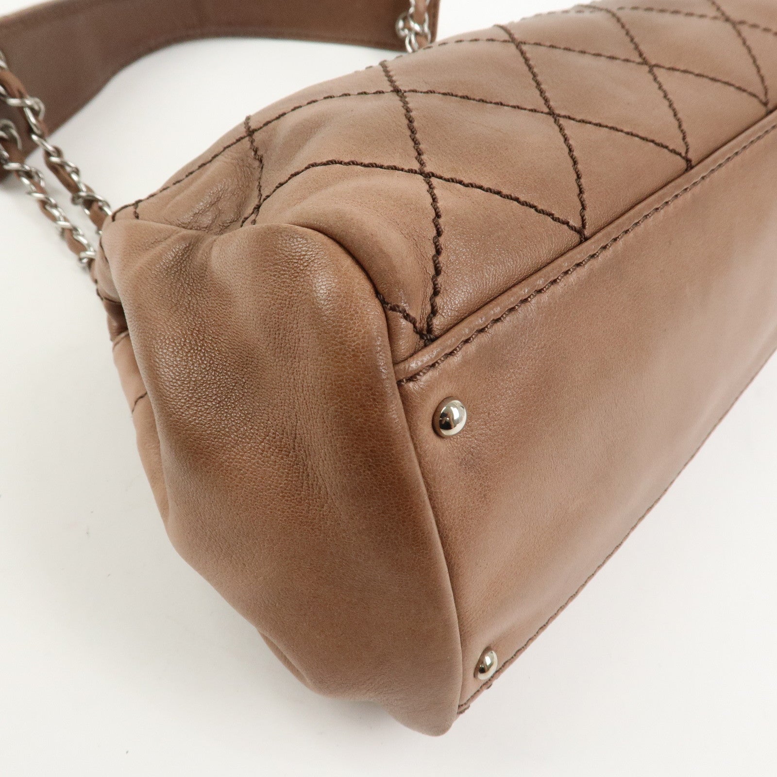 CHANEL Wild Stitch COCO Mark Lamb Skin Shoulder Bag Pink Beige