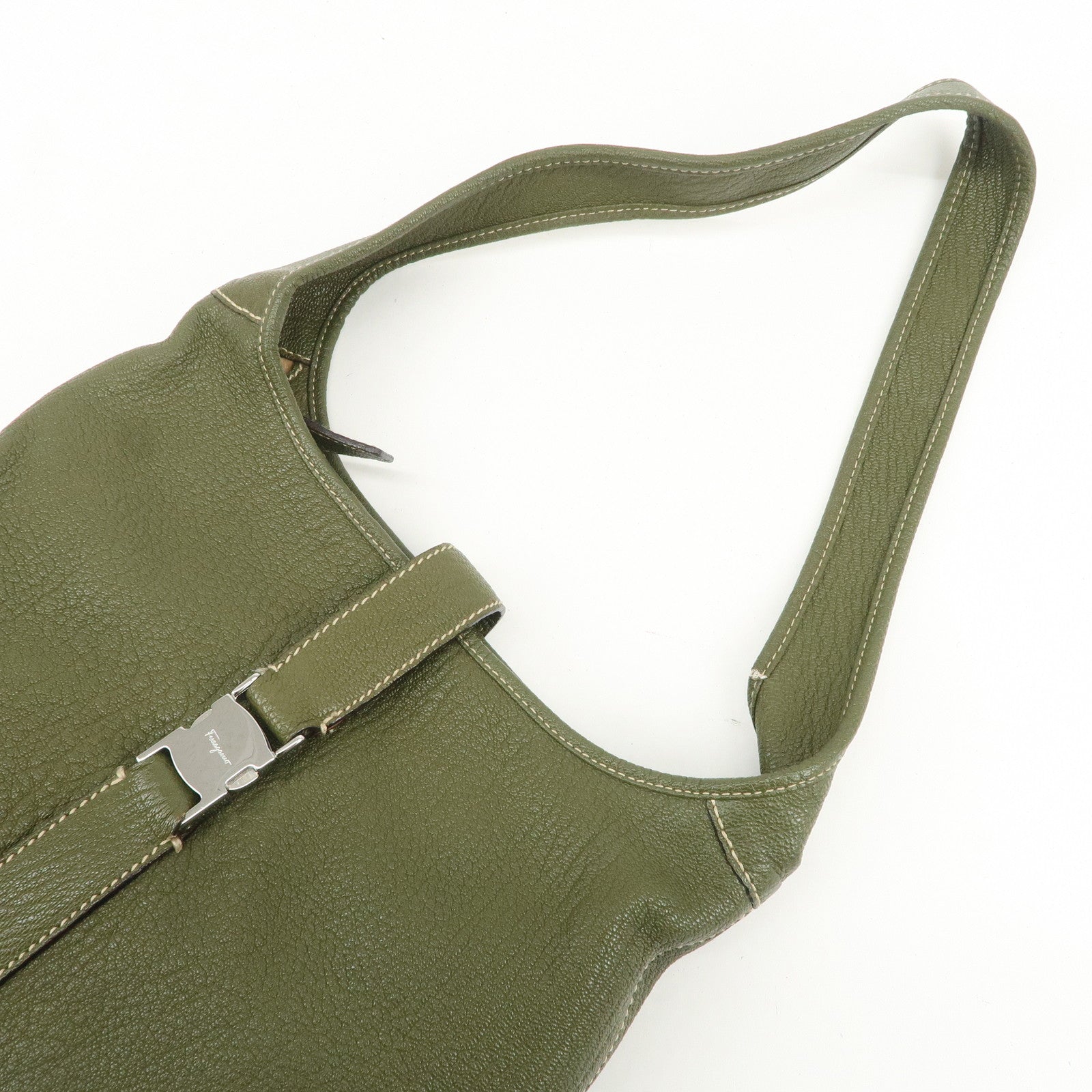 Ferragamo Logo Leather Shoulder Bag Hand Bag Khaki