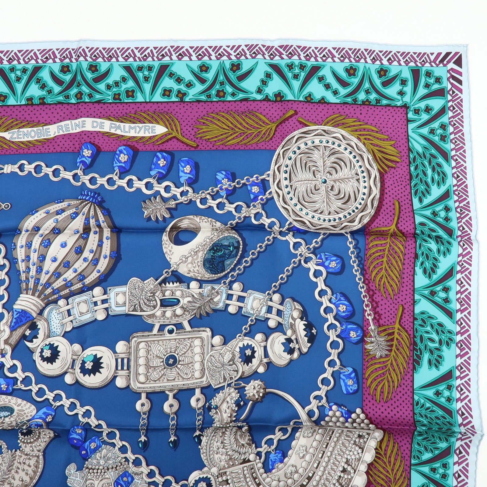 HERMES Carre 90 Silk 100% Scarf ZENOBIE REINE DE PALMYRE Blue