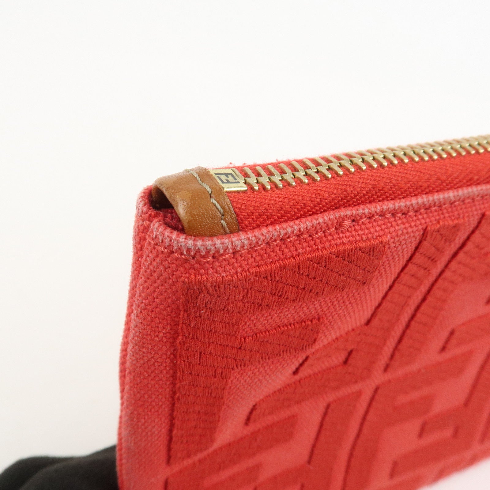 FENDI Zucca Canvas Leather Clutch Bag Cosmetic Bag Red 8N0148