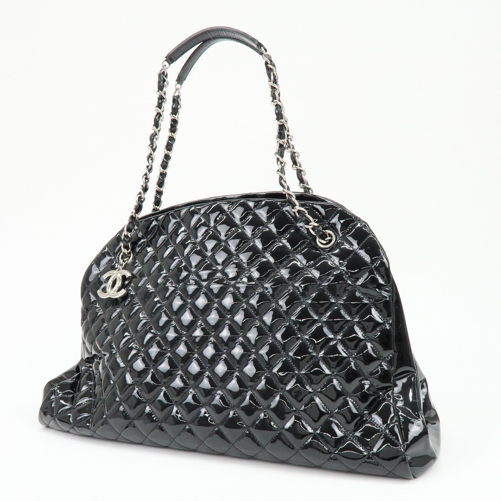 CHANEL Mademoiselle Patent Leather Shoulder Bag Bowling Bag Black