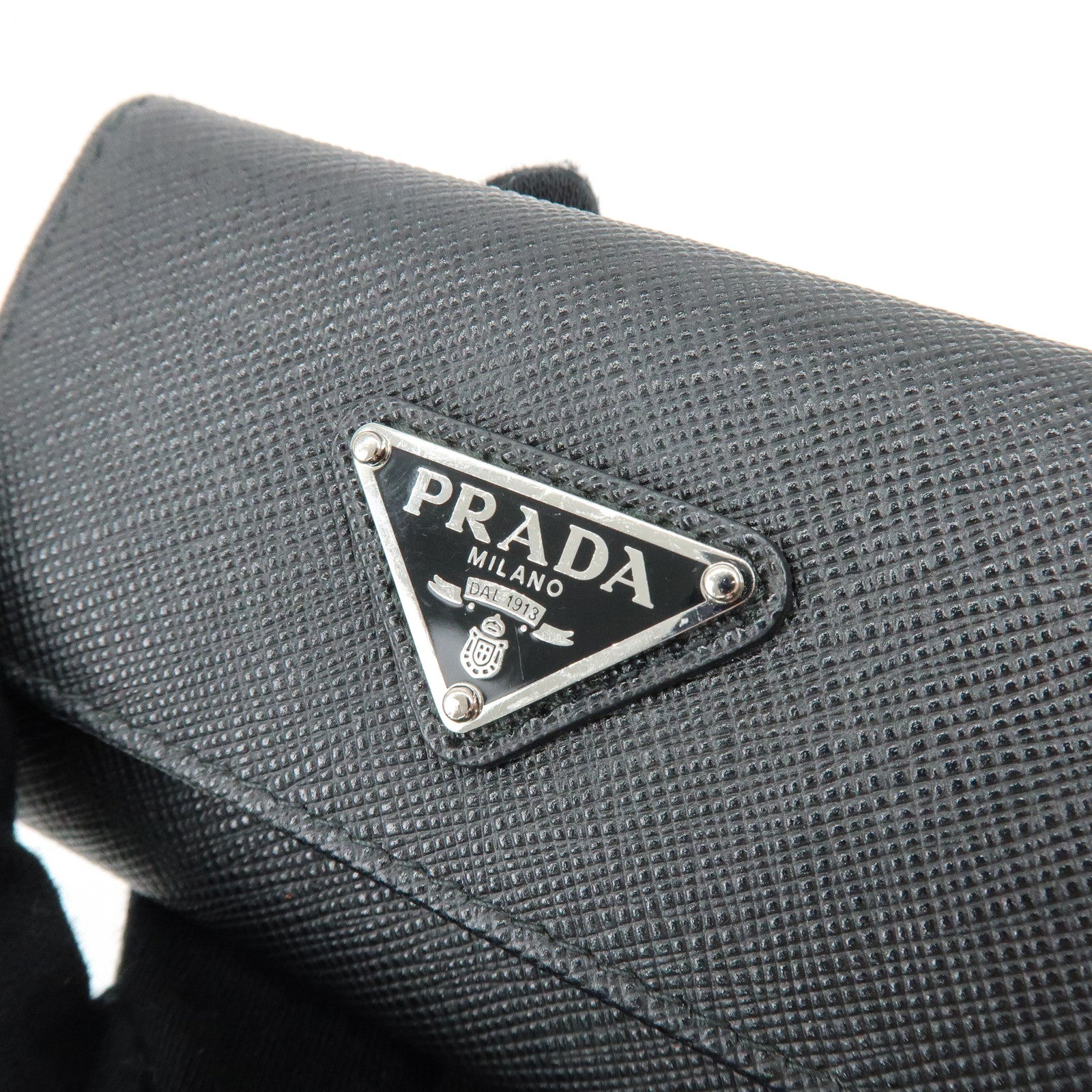 PRADA Triangle Logo Saffiano Leather Key Case Key Ring Black 1PG004