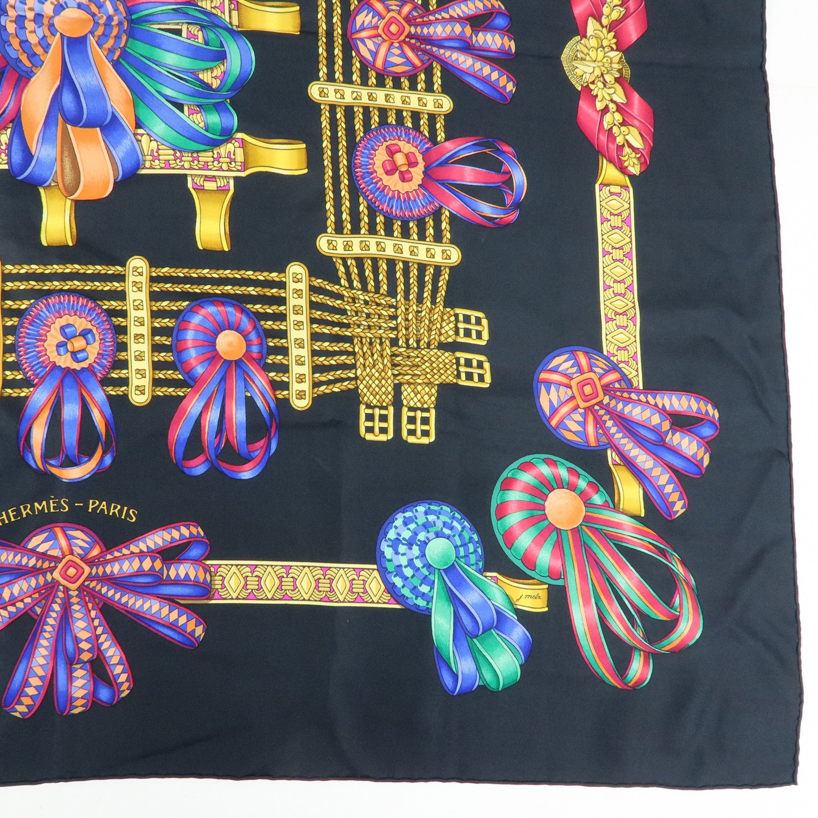 HERMES Carre 90 Silk 100% LES RUBANS DU CHEVAL Scarf Black Yellow