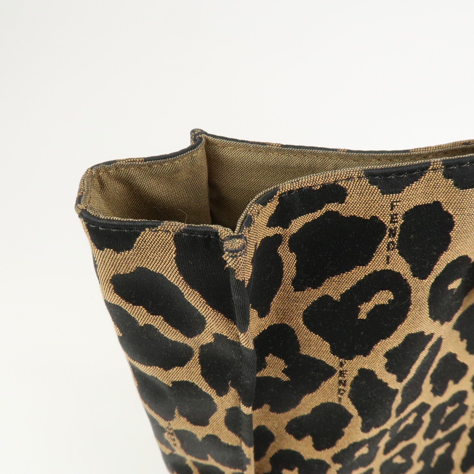 FENDI Leopard Canvas Leather Tote Bag Hand Bag Brown Black 8BH173
