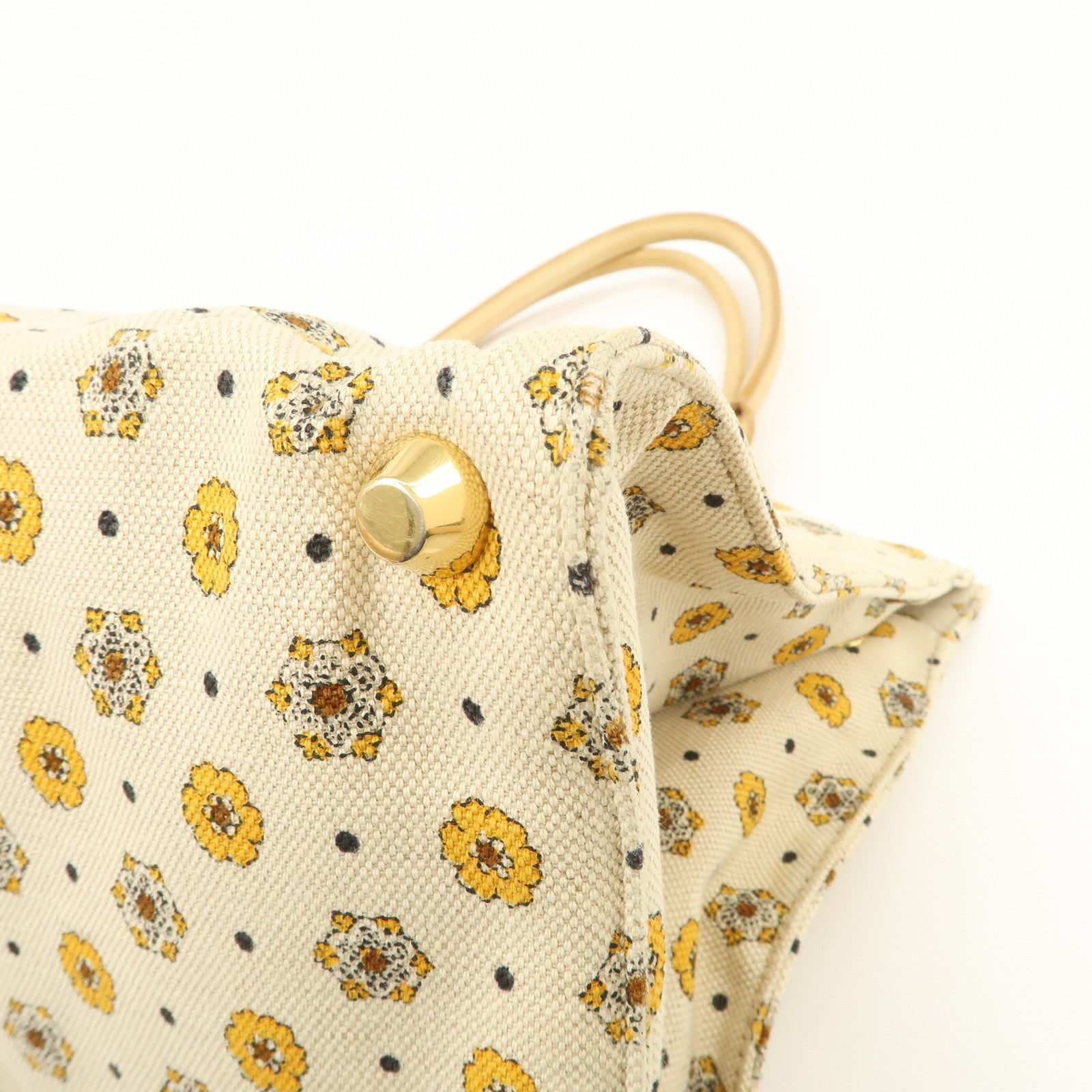 MIU MIU Canvas Leather Tote Bag Hand Bag Flower Motif Beige