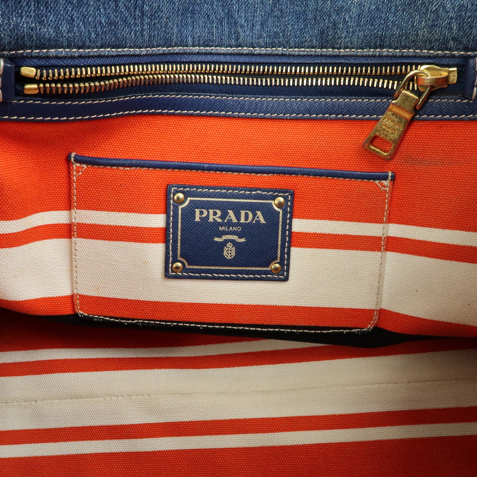 PRADA Triangle Logo Denim Tote Bag Hand Bag Blue BN2254