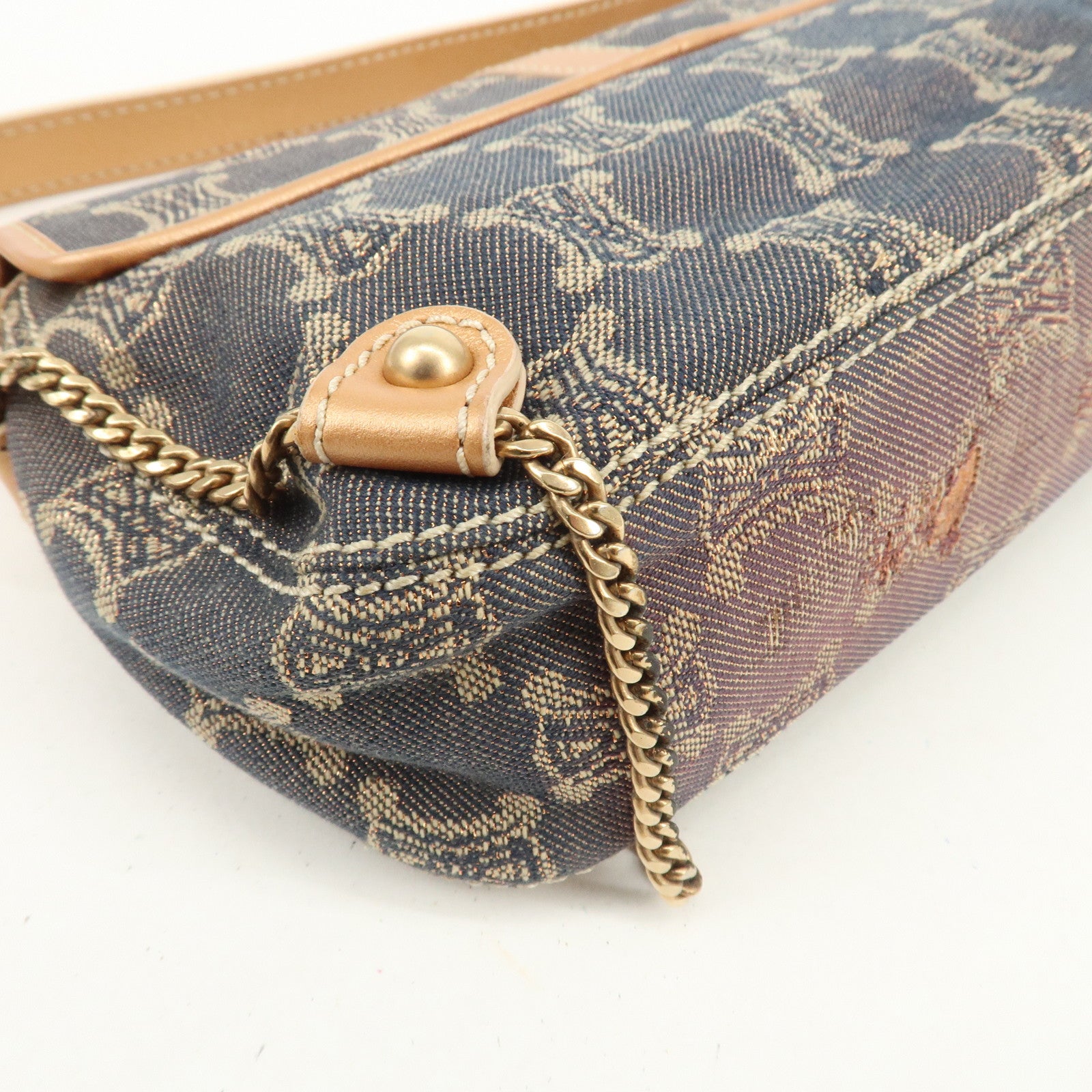 CELINE Macadam Denim Leather Shoulder Bag Metalic Pink Beige Navy