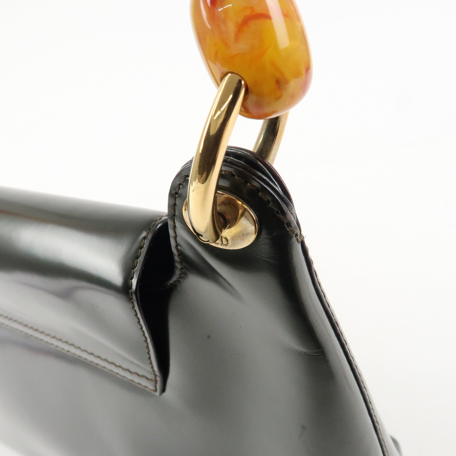 Christian Dior Enamel Leather Maris Pearl Shoulder Bag Hand Bag Khaki Used