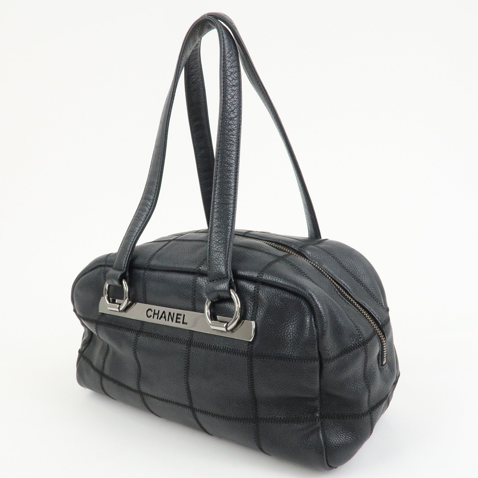 CHANEL Chocolate Bar Caviarskin Boston Bag Hand Bag Black A28023