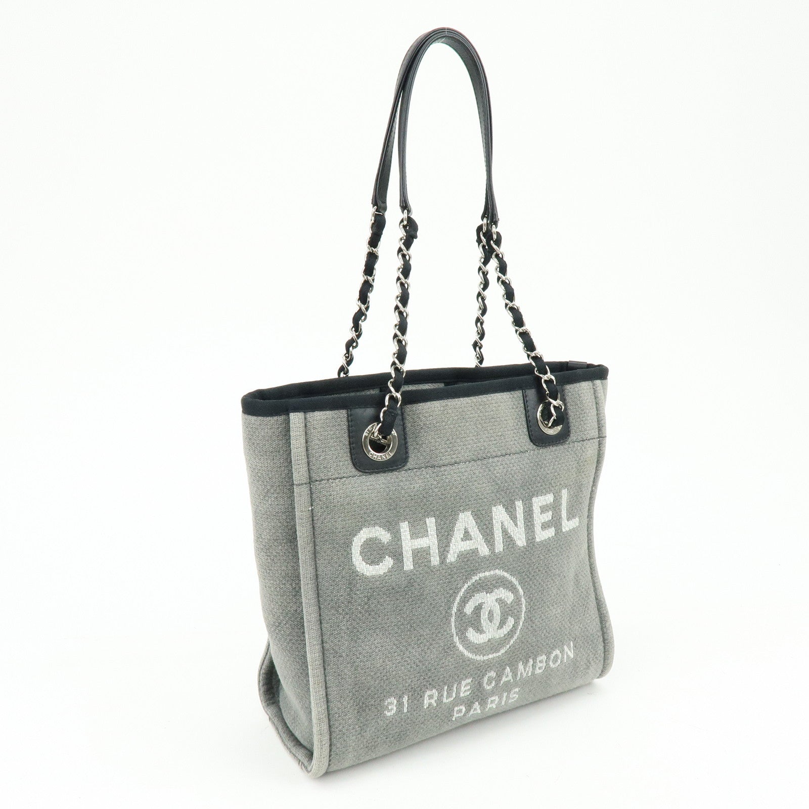 CHANEL Deauville PM Canvas Leather Chain Tote Bag Grey A66939