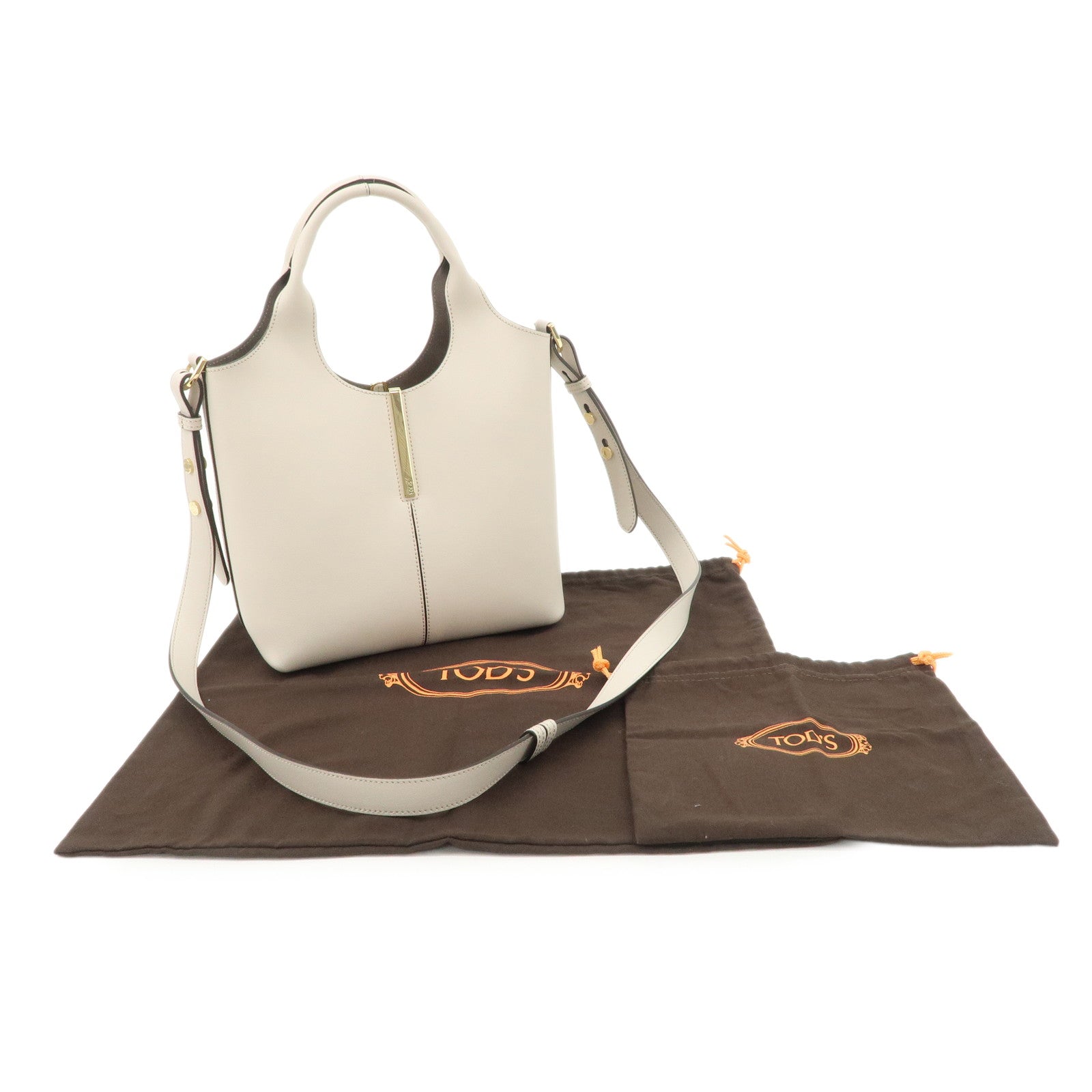 TOD’S Leather Mini 2Way Tote Bag Shoulder Bag Hand Bag Light Greige