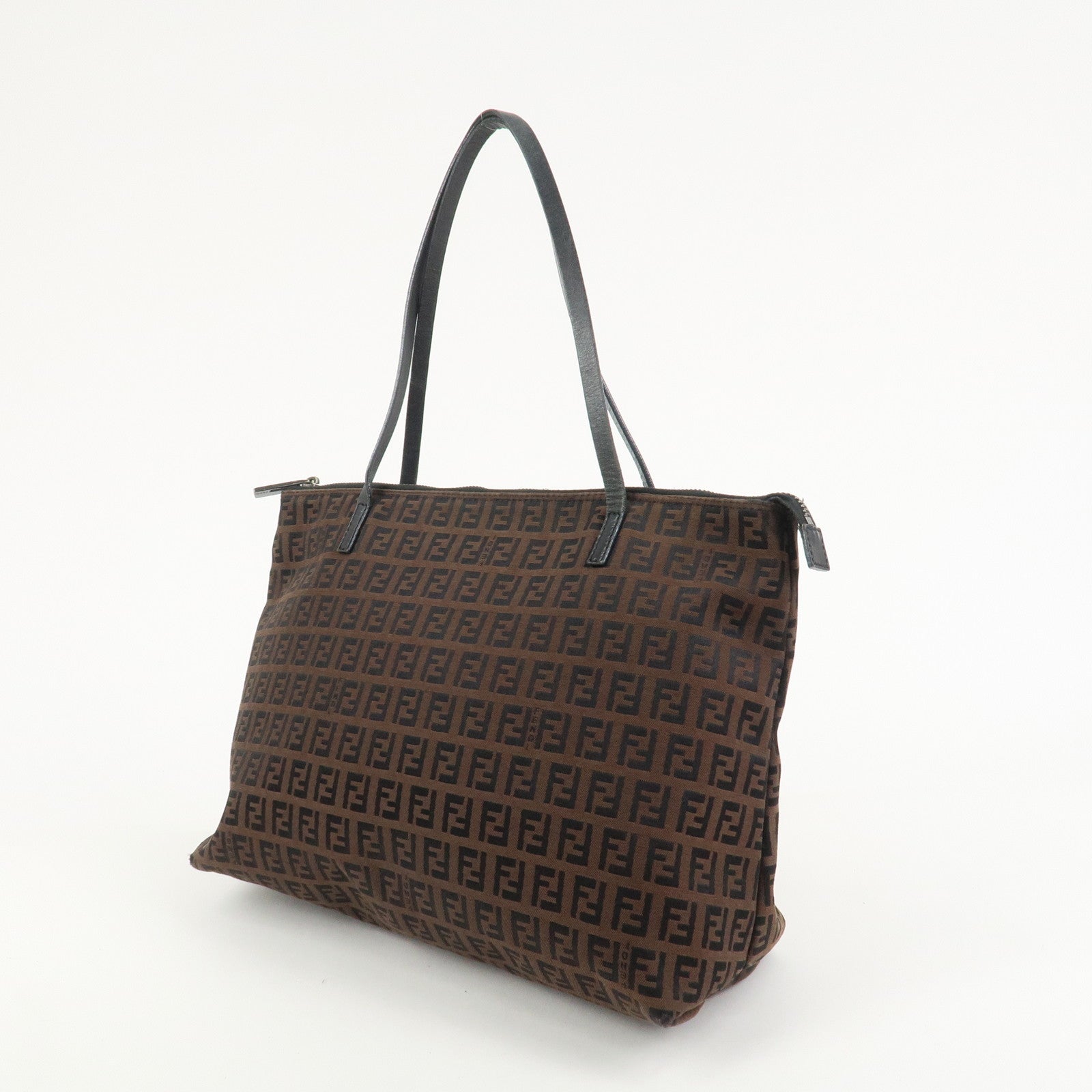 FENDI Zucchino Canvas Leather Tote Bag Brown Black 8BH023
