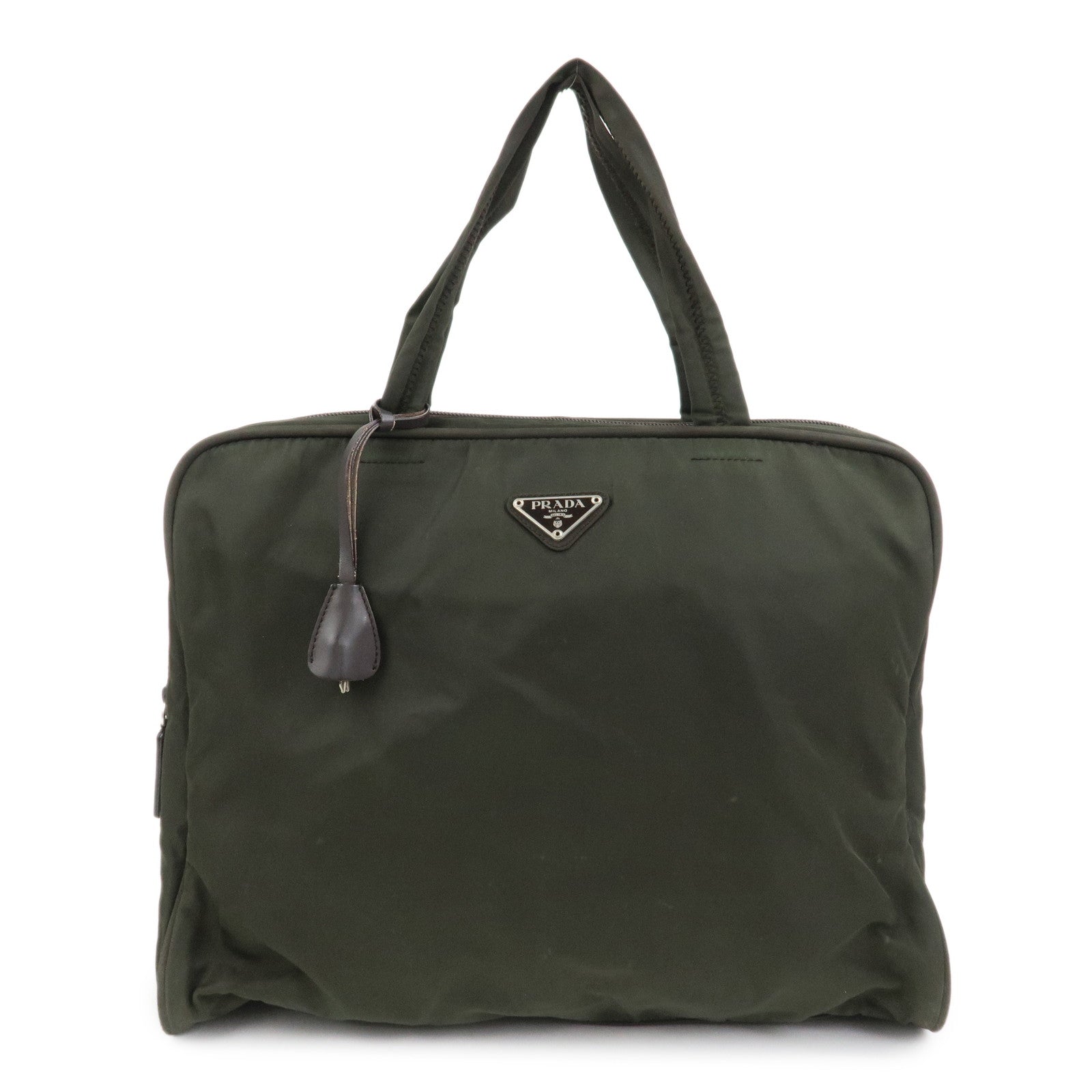 PRADA Triangle Logo Nylon Brief Case Tote Bag Khaki B8493