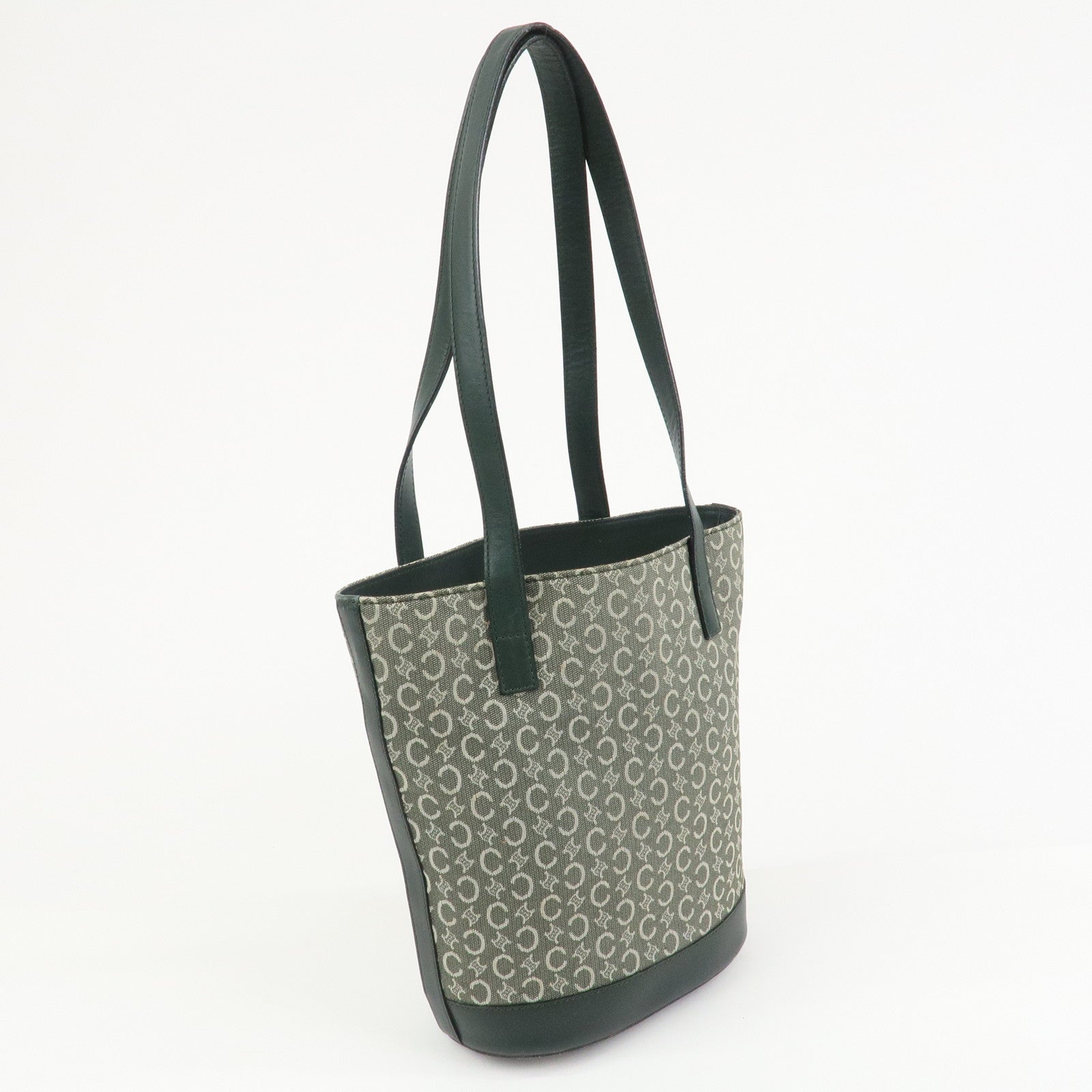 CELINE C Macadam Canvas Leather Tote Bag Shoulder Bag Dark Green